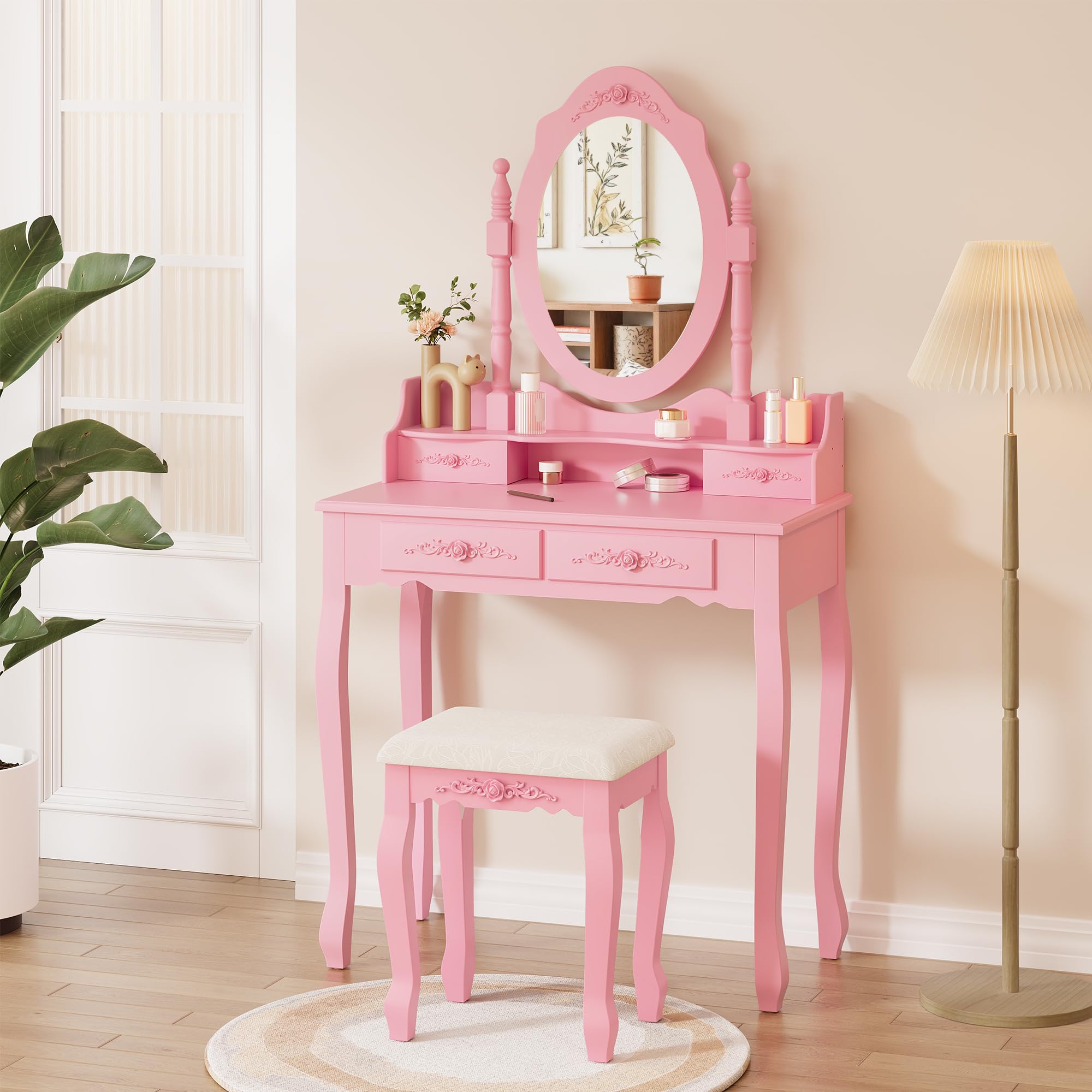 Alohappy Vanity Desk Set with Mirror & Stool for Girls, Pink