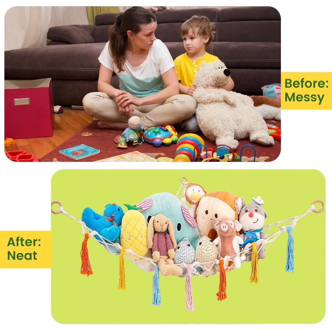 ecofynd Stuffed Soft Toy Organizer, Animal Toy Hammock, Jumbo Capacity Hanging Cotton Storage, Boho Large Corner Plush Toys, Net Holder, Nursery Kids, Play Room, Bedroom, Kid Room (BH010) - Image 6 thumbnail