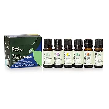 Plant Therapy Top 6 USDA Organic Essential Oil Set - Lavender, Peppermint, Eucalyptus, Lemon, Tea Tree 100% Pure, Natural Aromatherapy, for Diffusion & Topical Use, Therapeutic Grade 10 mL (1/3 oz)