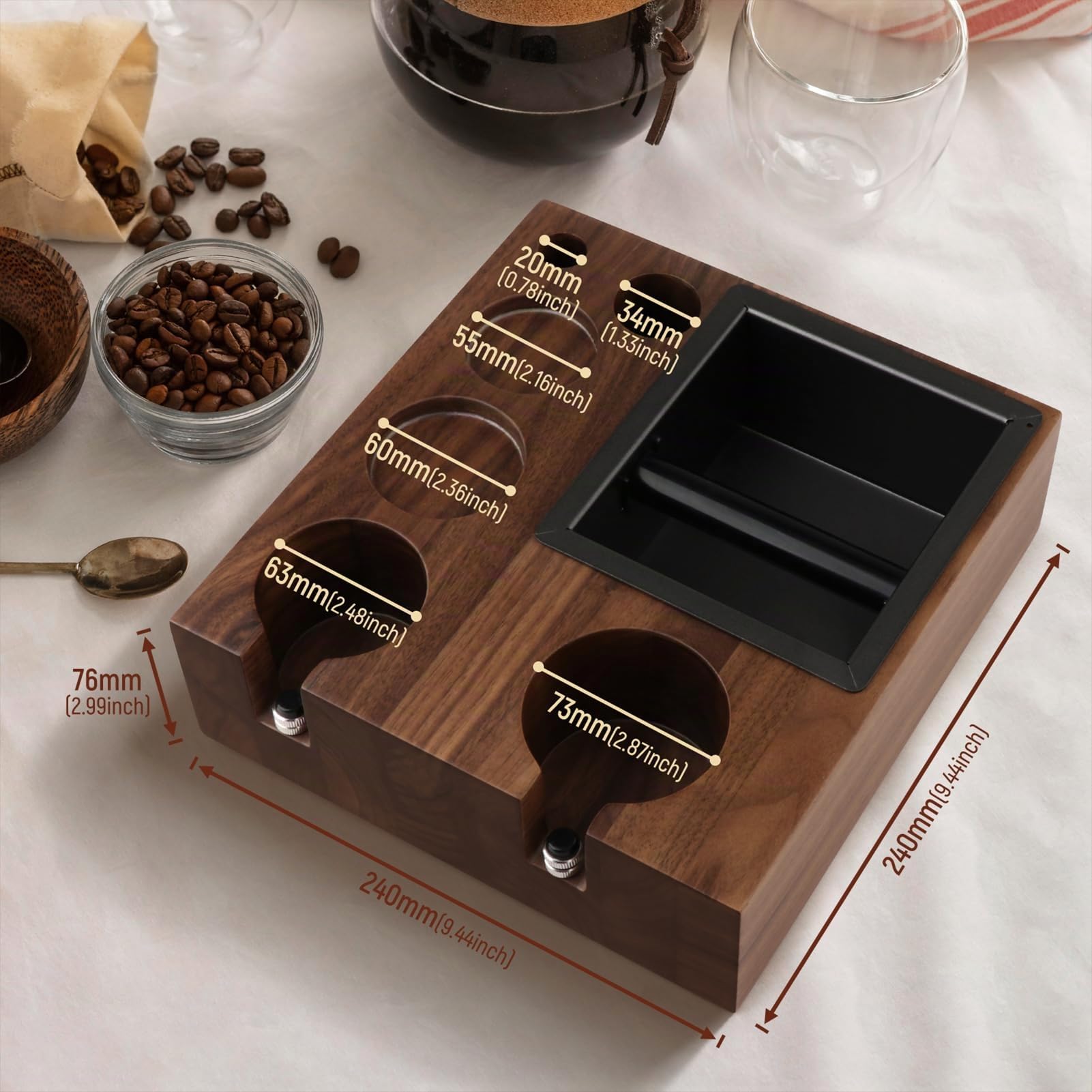 Espresso Knock Box and Tamp Station – Organiseur de tamping Espressos, boîtes de rangement 7 en 1 en bois naturel pour distributeur de tamper 51–58 mm