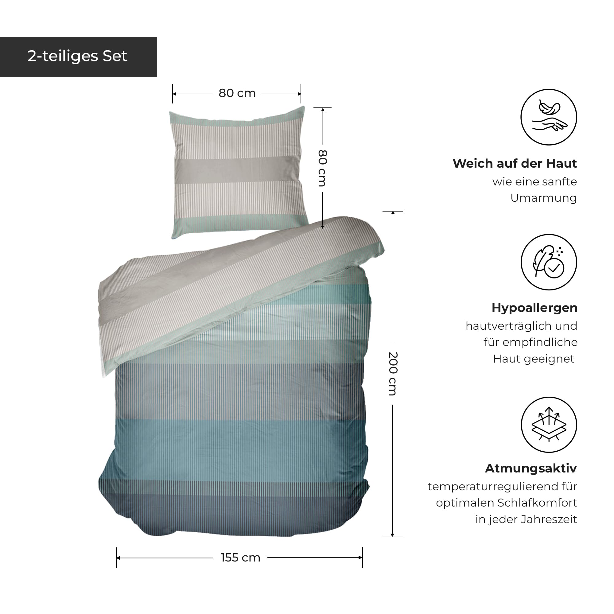 Ropa de cama de, 155 x 200 cm, 100% algodón, certificado Öko-Tex, tejido Renforcé, transpirable e hipoalergénico, con cremallera, 2 piezas, funda nórdica + funda de almohada de 80 cm