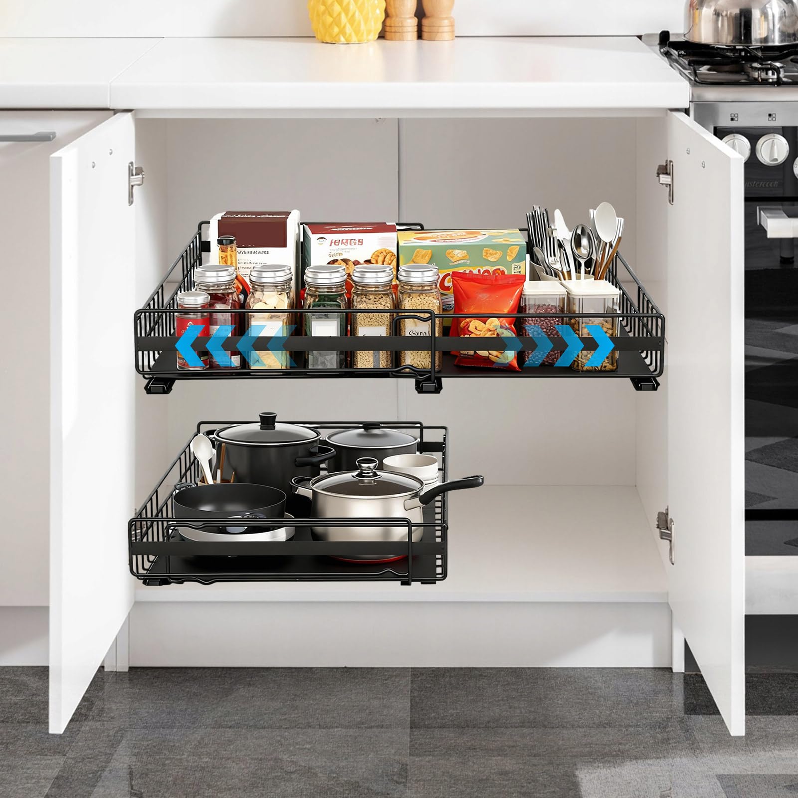 2 cajones telescópicos para armarios de cocina, cajones extensibles, cajones para cafeterías, cocinas, tiendas de leche (negro)