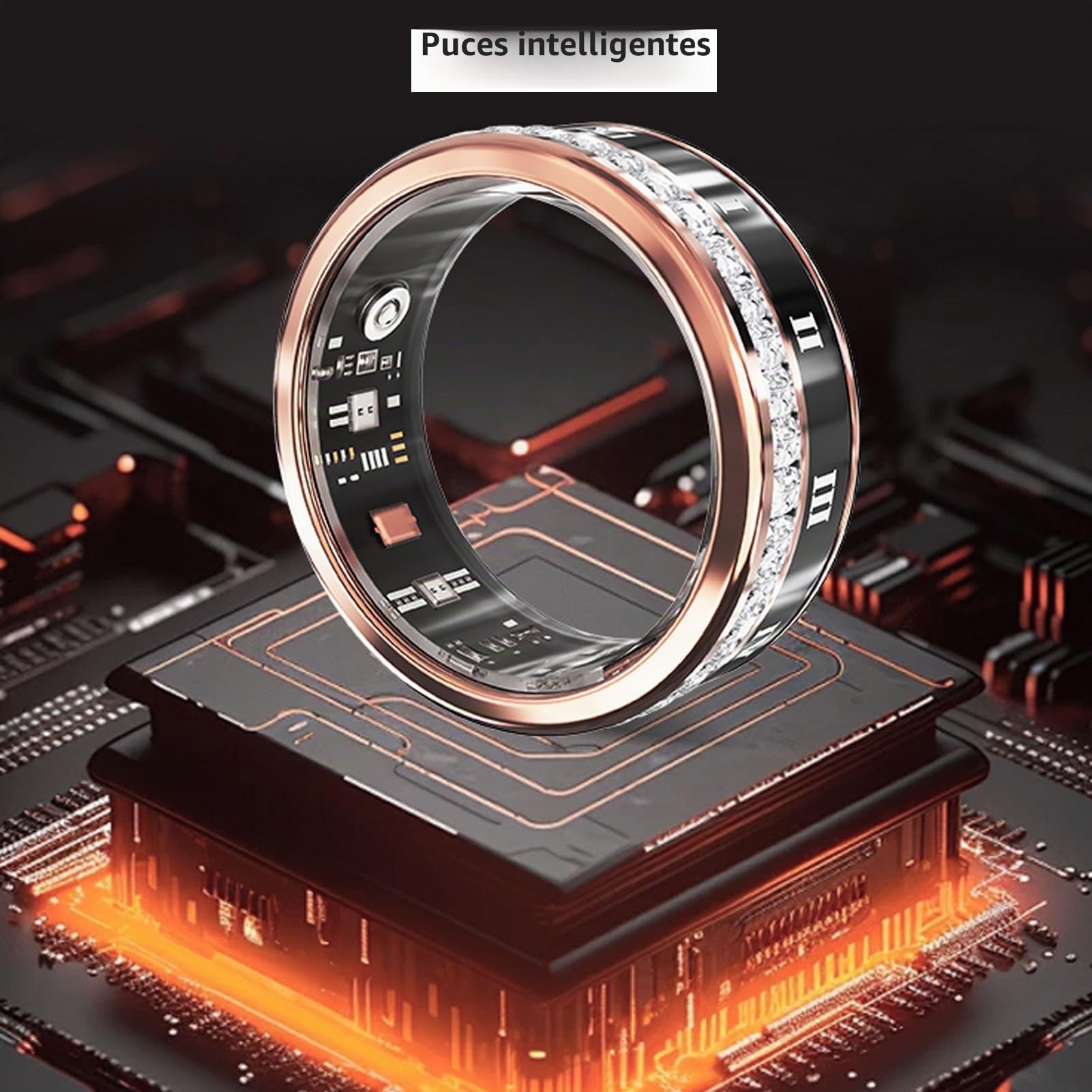 Mise à Niveau de la Bague Intelligente, Bague Intelligente de Suivi de la Forme Physique pour Hommes et Femmes, en Acier Ti, Chiffres Romains, Alliance Rotative Dorée pour (8)