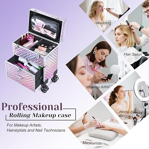 Miniatura 9 de Adazzo Estuche de maquillaje profesional con ruedas para artistas de maquillaje, estuche de tren de cosméticos multifuncional, estuche de