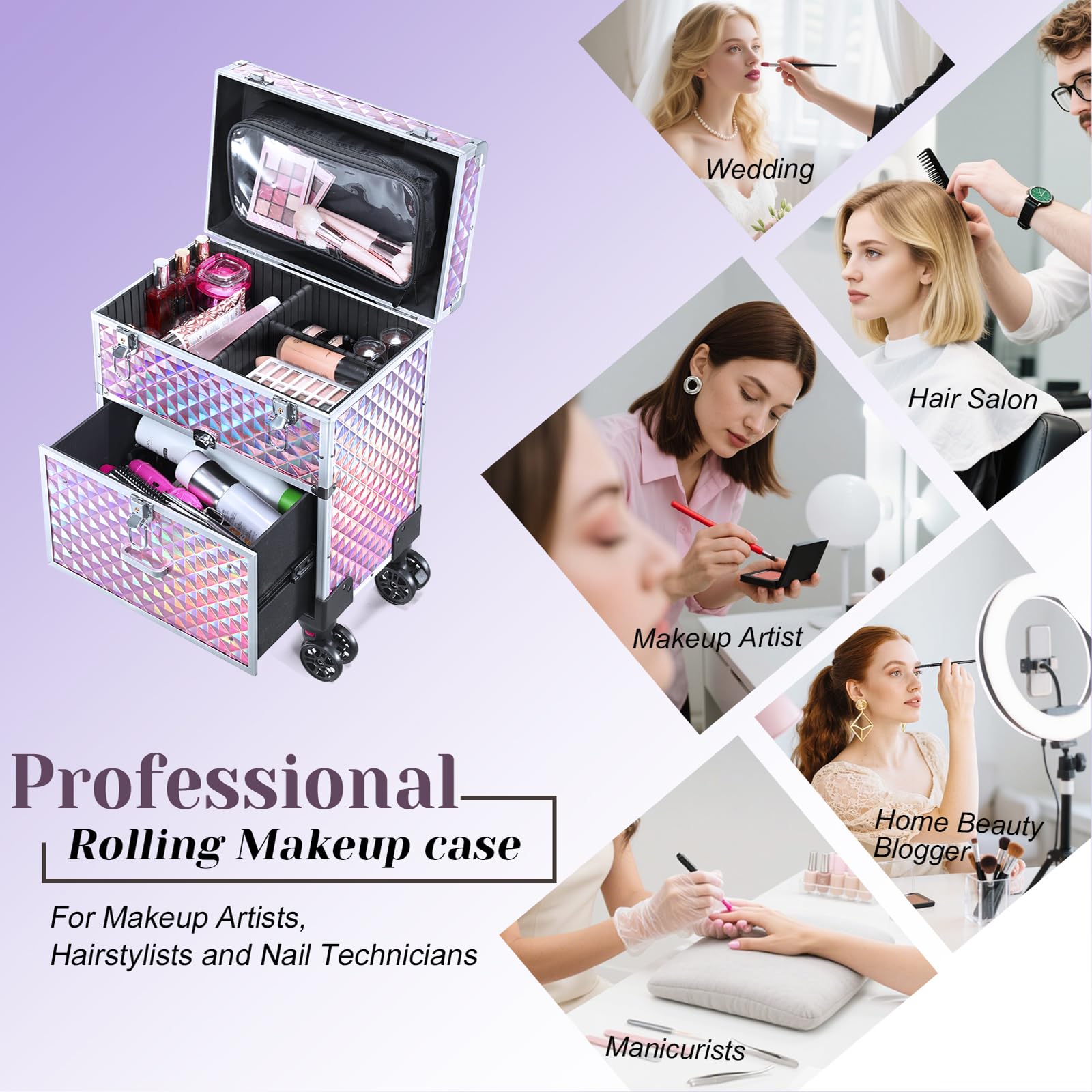 Kosmetikkoffer Trolley Kosmetik Trolley mit Schublade Make up Koffer Schminkkoffer Friseurkoffer mit Rollen Beauty Case Nagelkoffer Nageldesign Koffer,Rosa