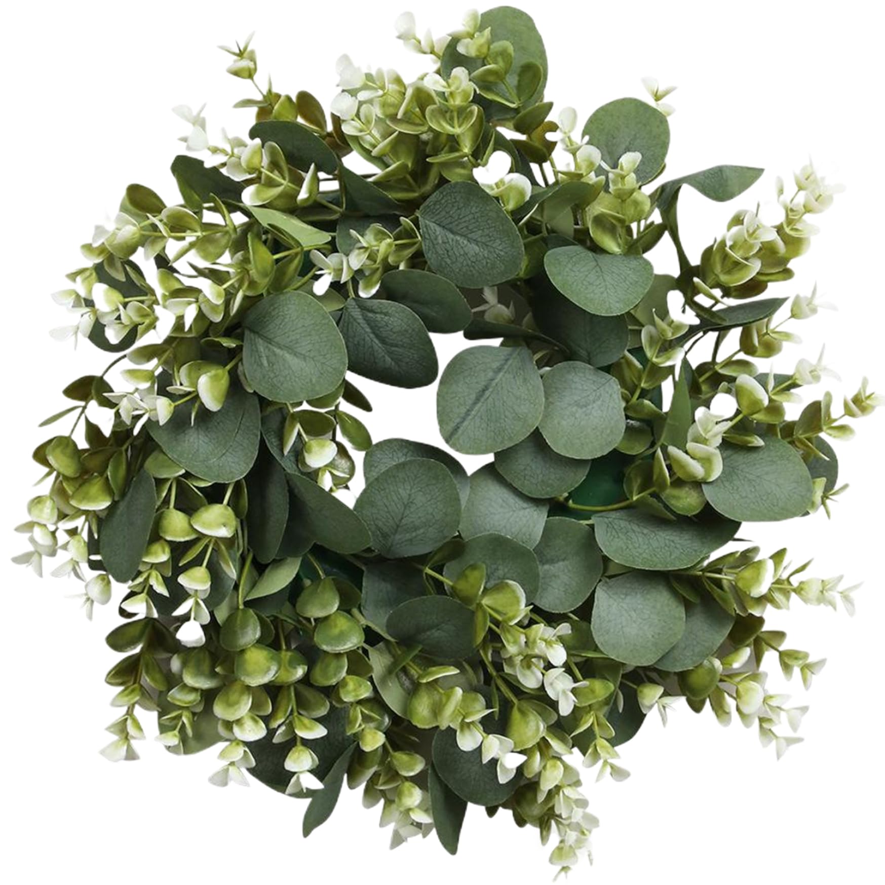 Gcroet Eucalyptus Wreath, 14" Artificial Green Wreaths for Front Door, Hanging Eucalyptus Wreath, Green Leaf ＆ White Flowers Realistic for Front Door Wall Fireplace Decor..