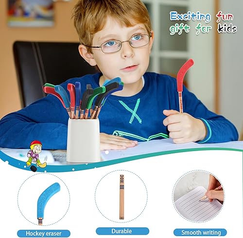 Miniatura 6 de Geyee 18 lápices de hockey y borradores, lápices de palo de hockey para niños, decoraciones de fiesta temática deportiva para fanáticos del deporte,