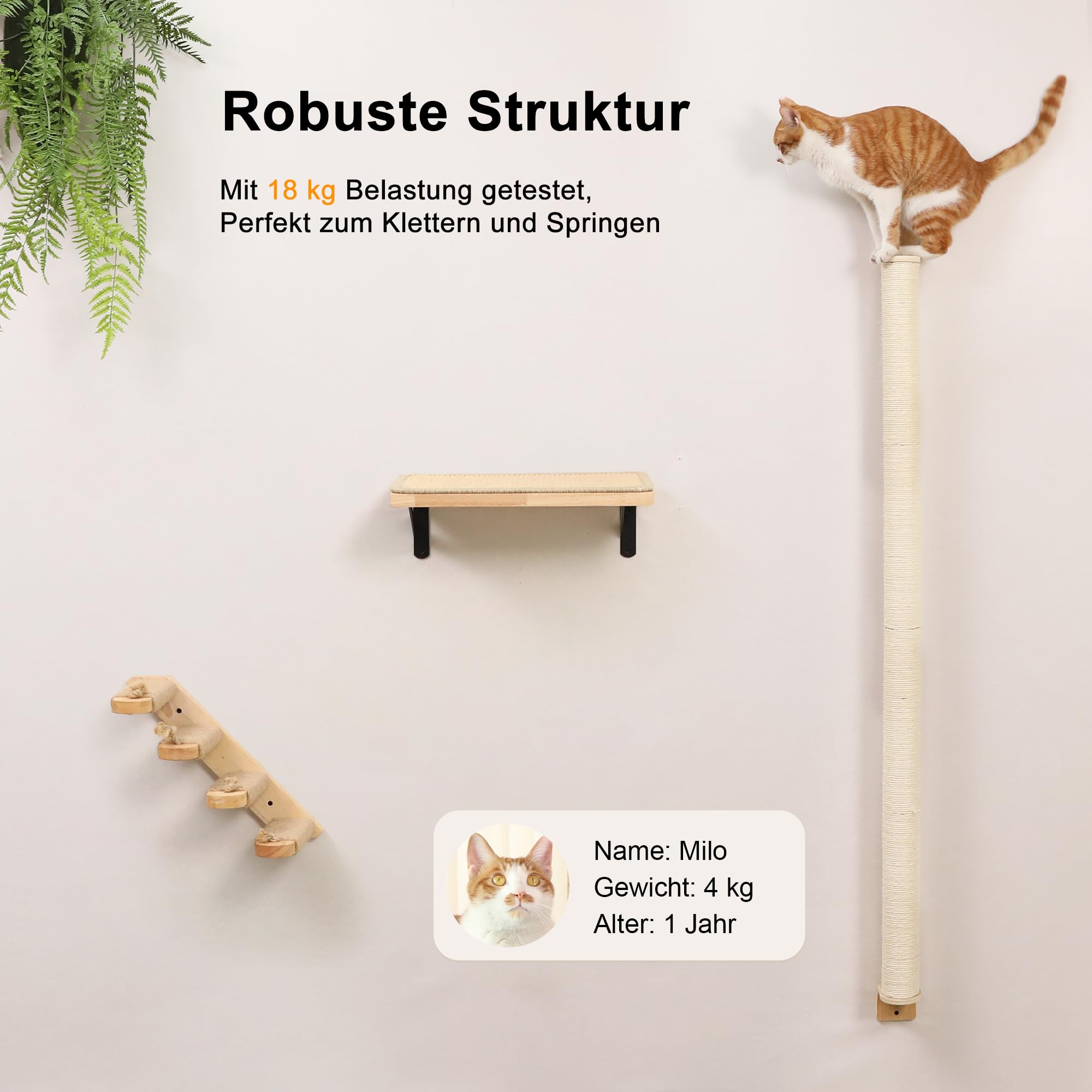 FUKUMARU Wandkratzsäule Katzen, 154 cm großer Kratzbaum zur Wandmontage, Stabiler kratzbaum Wand aus Sisal