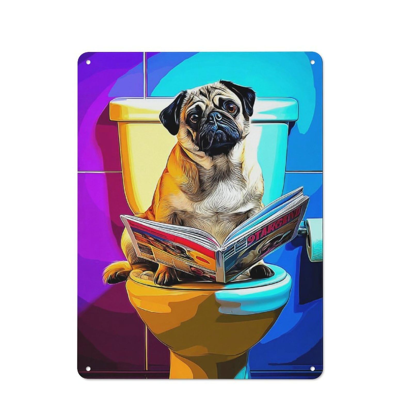 Classic Metal Plaque 40x30cm Featuring Pug Reading Magazine on Toilet, Bistro Wall Plaque for Kitchen, Cafe, Pantry Or Dining Room