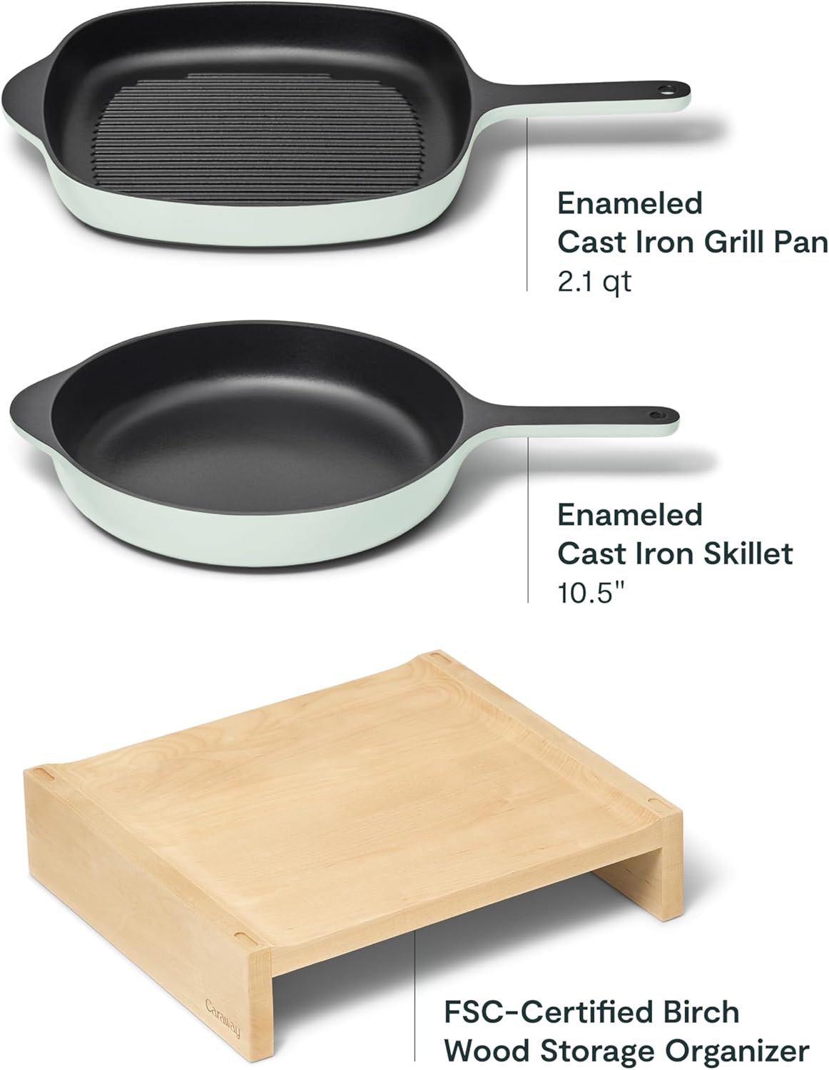 Caraway 10.5” Cast Iron Skillet & Grill Pan Duo – Enameled Cookware Set with Non-Toxic 3-Layer Enamel Coating – No Seasoning Required – Compatible with All Stovetops – Mist