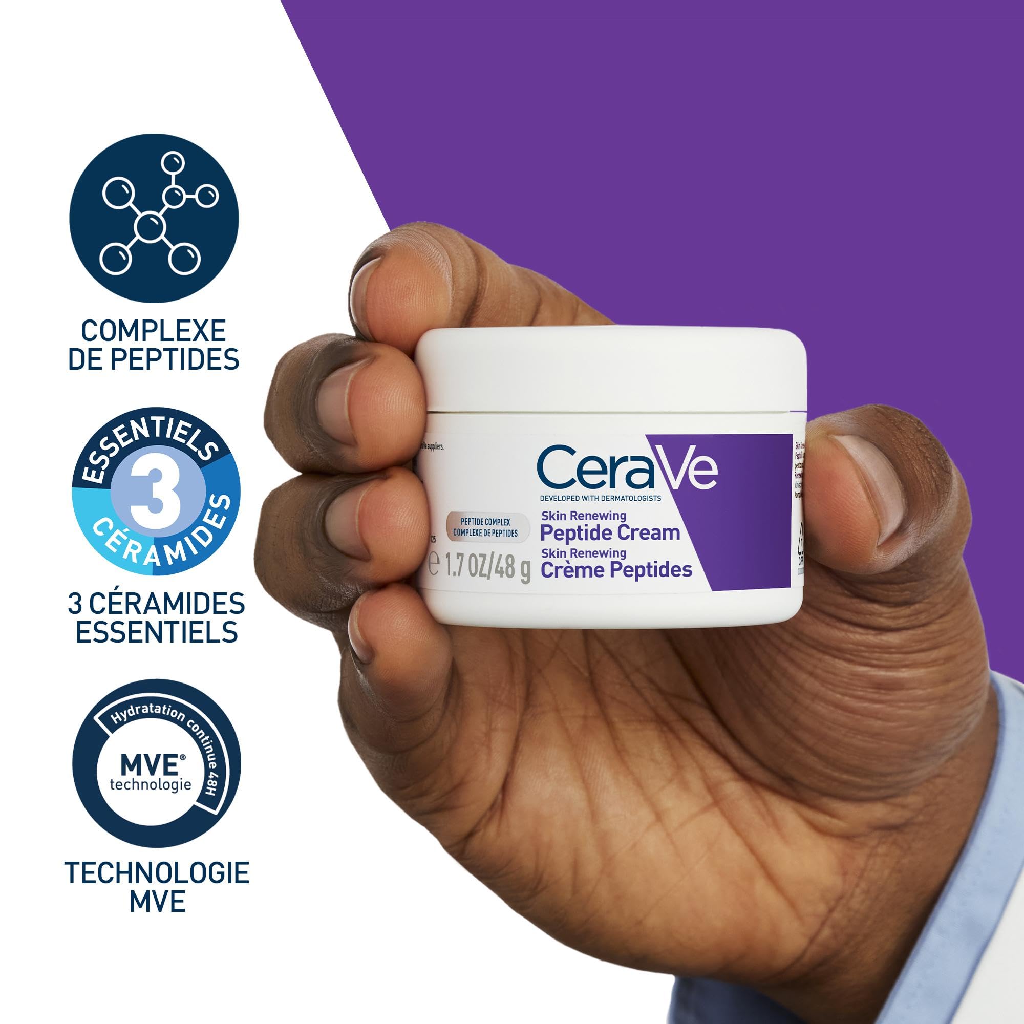 CeraVe - Crème Peptides Anti-rides Skin Renewing - Crème Nuit Raffermissante Visage - Peau Plus Rebondie Après 8 Semaines* - Peptides + Niacinamide + 3 Céramides - Convient aux Peaux Sensibles - 48g