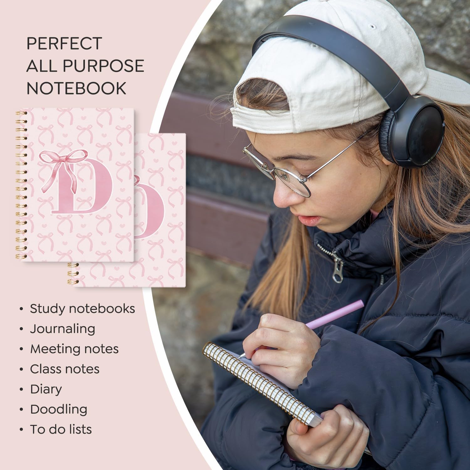 Coquette Preppy Pink Bow Spiral Notebook, Initial D Journal Personalized Teen Girl Gifts, Trendy Personalized Gifts for Women Teen Girl, Funky Girly Style Hardcover Spiral Notebook 5.5x8.3 - Image 6