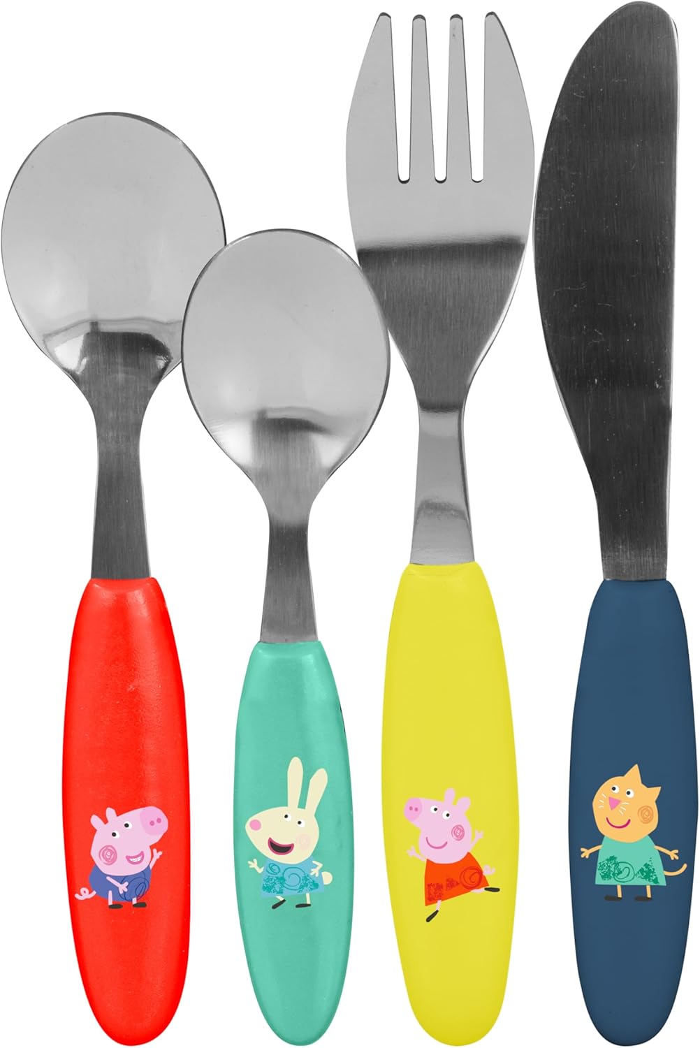 Peppa Pig Children's Cutlery Set of 4 Stainless Steel with Plastic Handles with Knife, Fork, Soup Ladle, Dessert Spoon