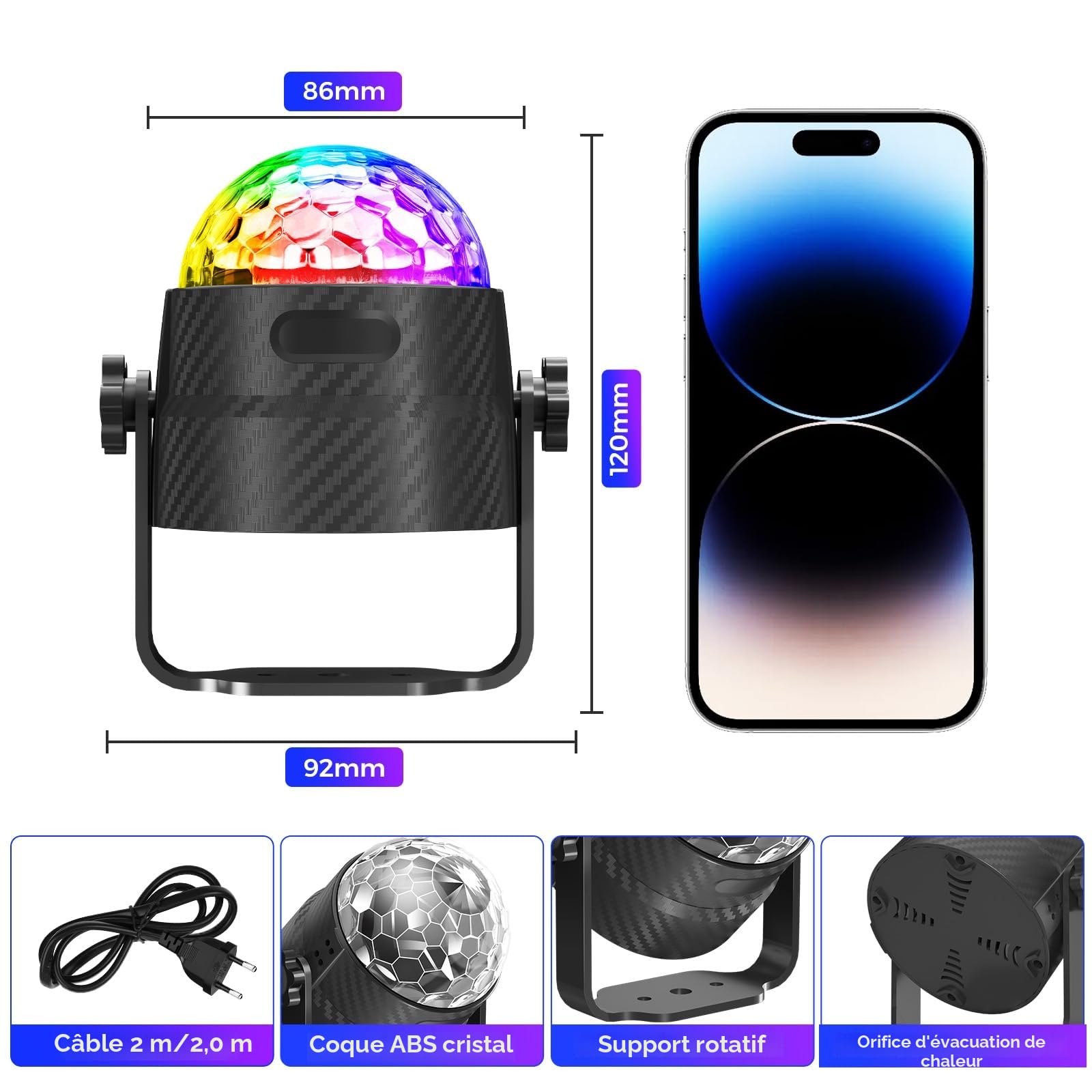 Boule disco, rotation à 360° contrôlée par la musique avec télécommande et câble de 2 mètres, 15 couleurs RGBP boule a facette Convient pour la Réunion familiale Enfants Fête d'anniversaire