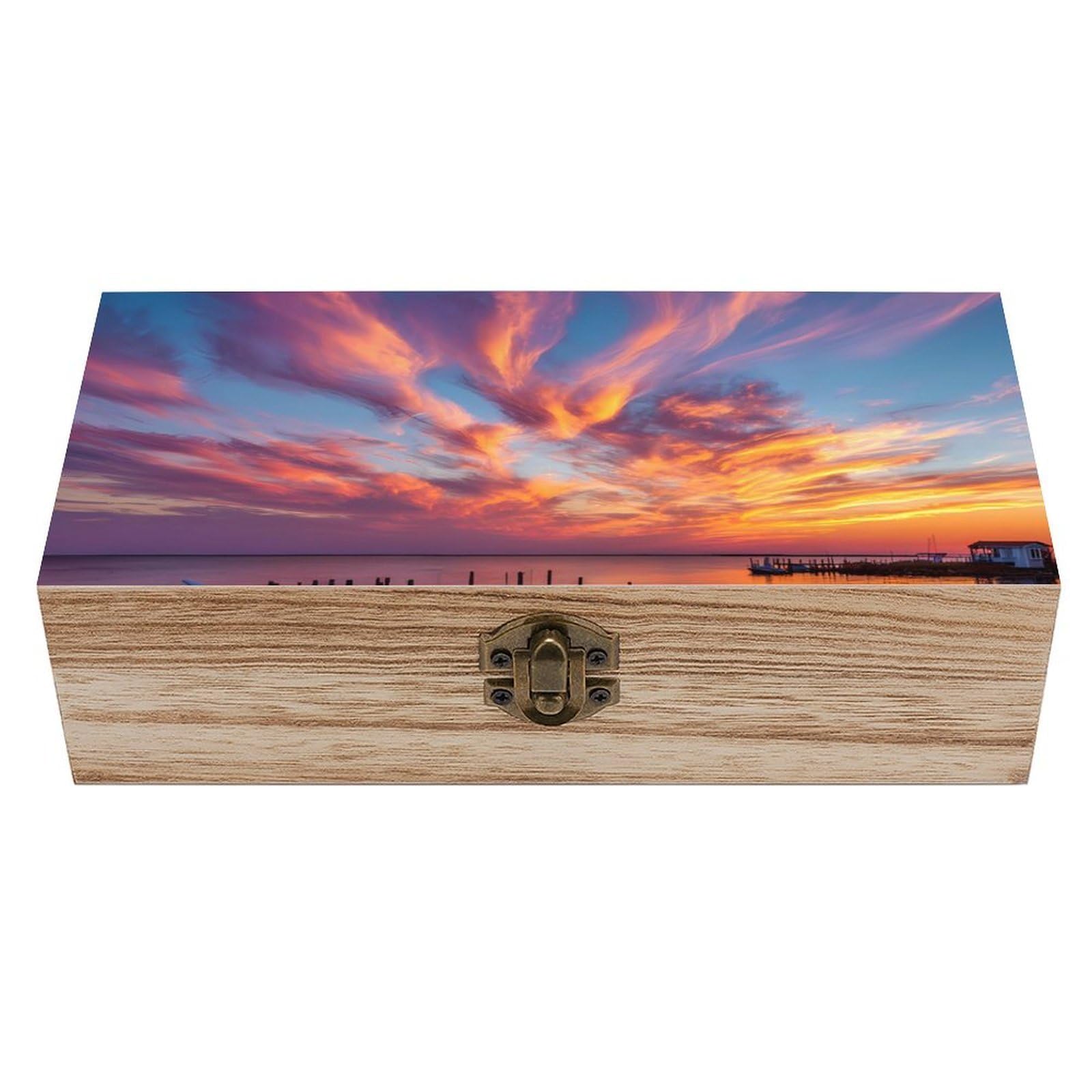 HLBSDM Fiery Clouds Sunset At Sea Wooden Storage Box Craft Memory Keepsake Treasure Chest Box Jewelry Organizer