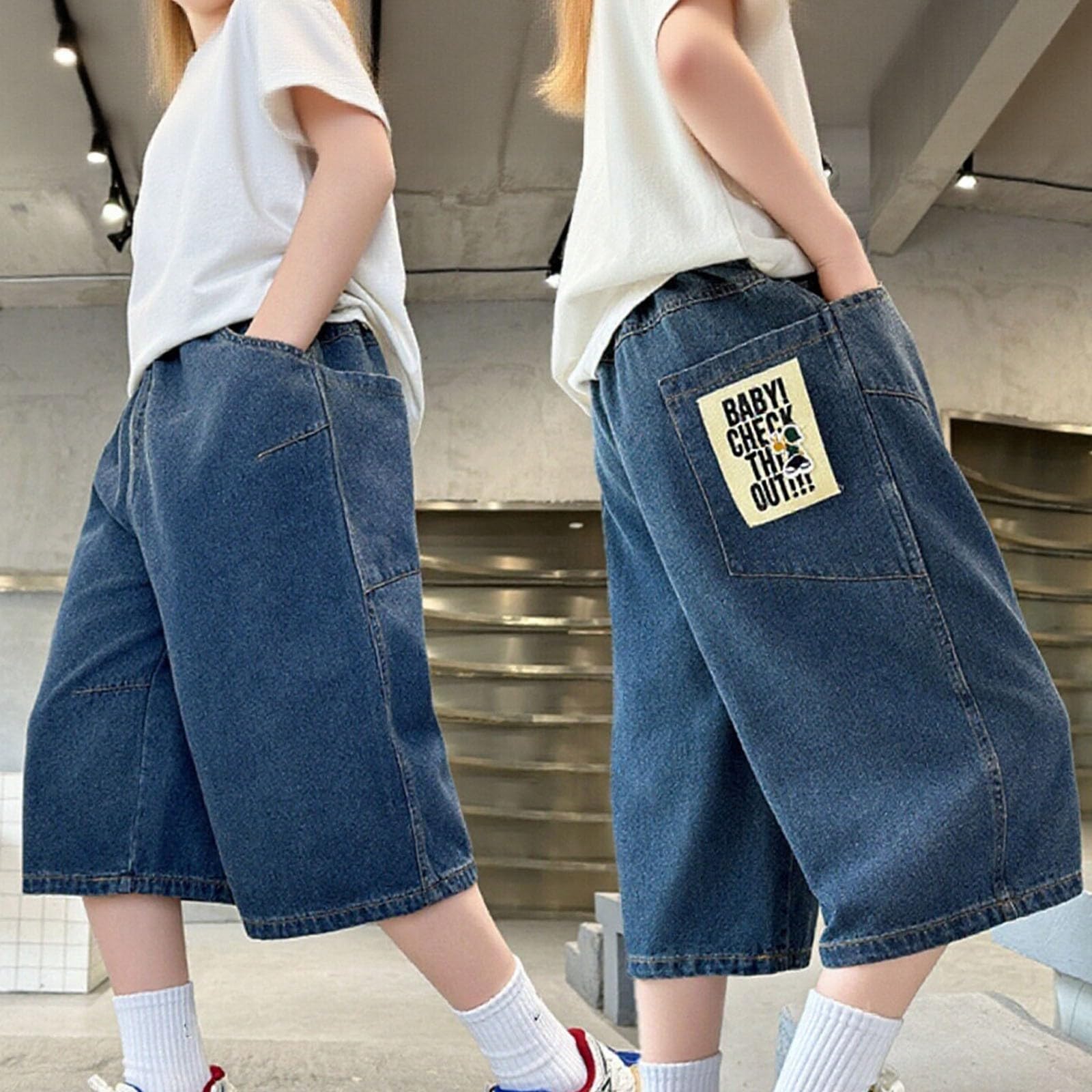 baggy jeans-Pantaloncini misti per ragazzi con elastico in vita per l'estate, pantaloncini in denim casual larghi per bambini dai 5 ai 14 anni, leggeri e resistenti, da indossare tutti i giorni