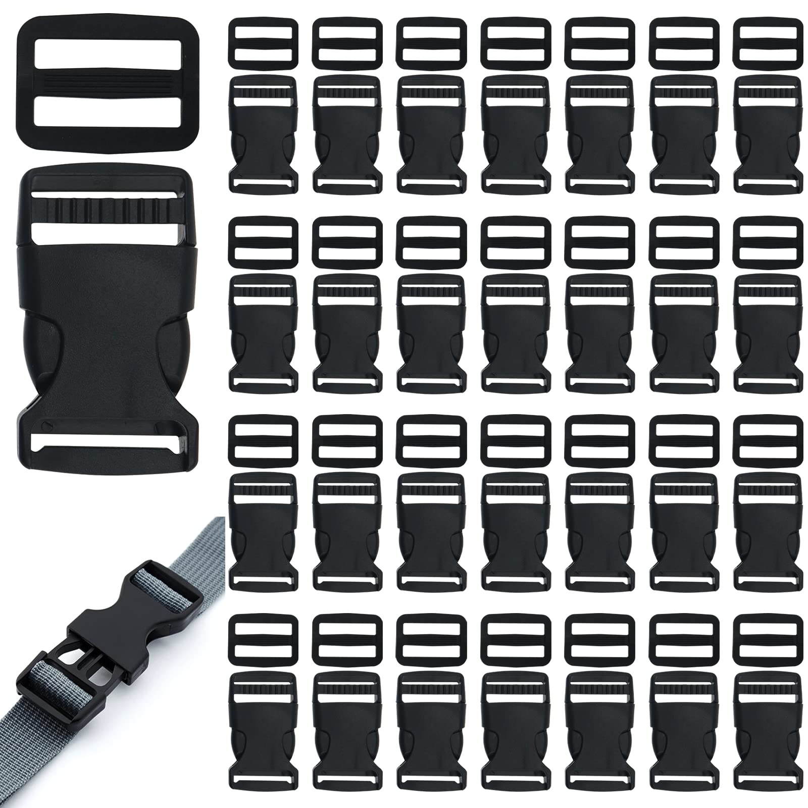 Luckycivia 40 Pack 1 Inch Flat Side Quick Release Plastic Buckles and Tri-Glide Slides Adjustment Clips, Flat Heavy Duty Dual Adjustable Buckles for