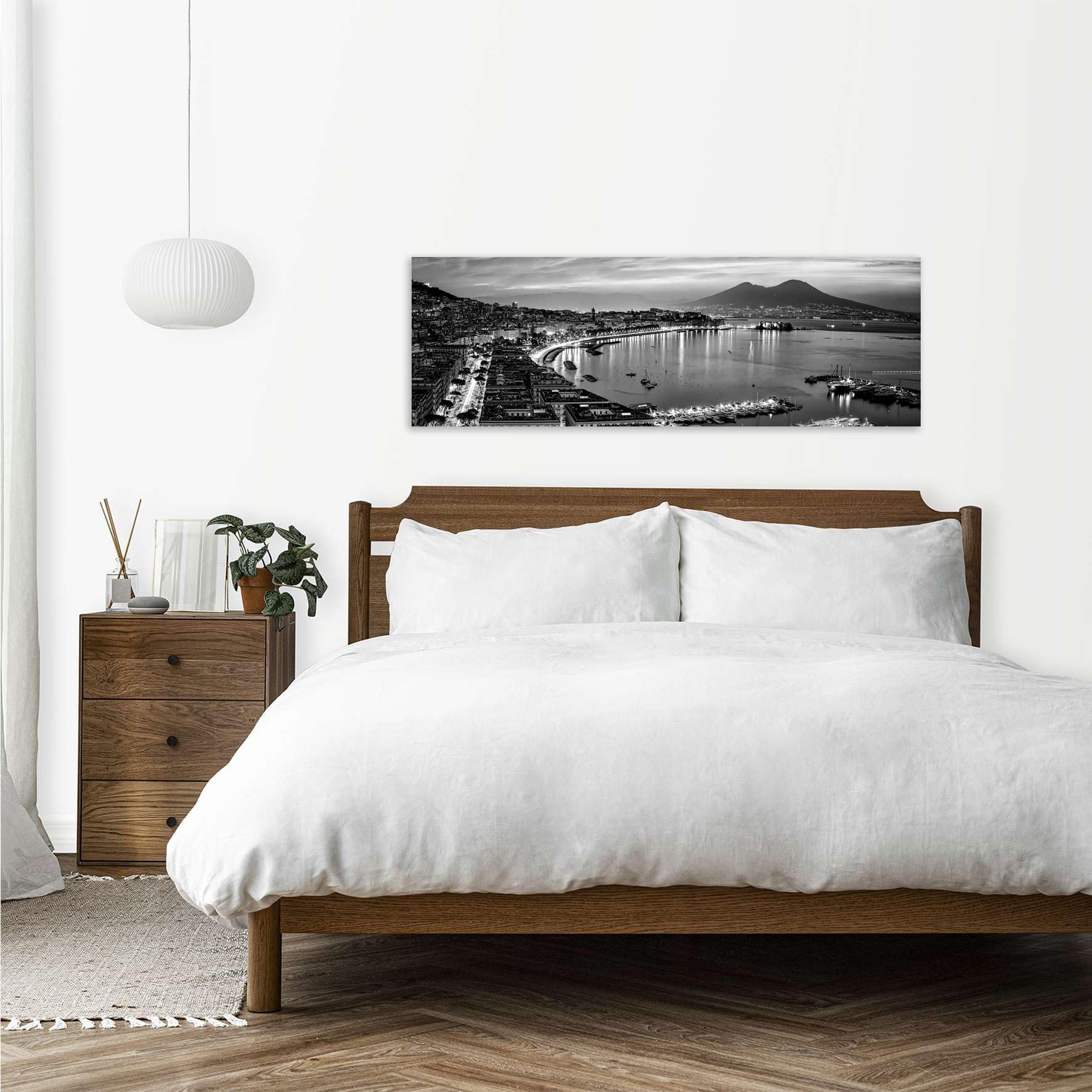 Panorama golfo di Napoli bianco e nero - Quadro Stampa su Tela con Telaio in legno - 150x50 cm