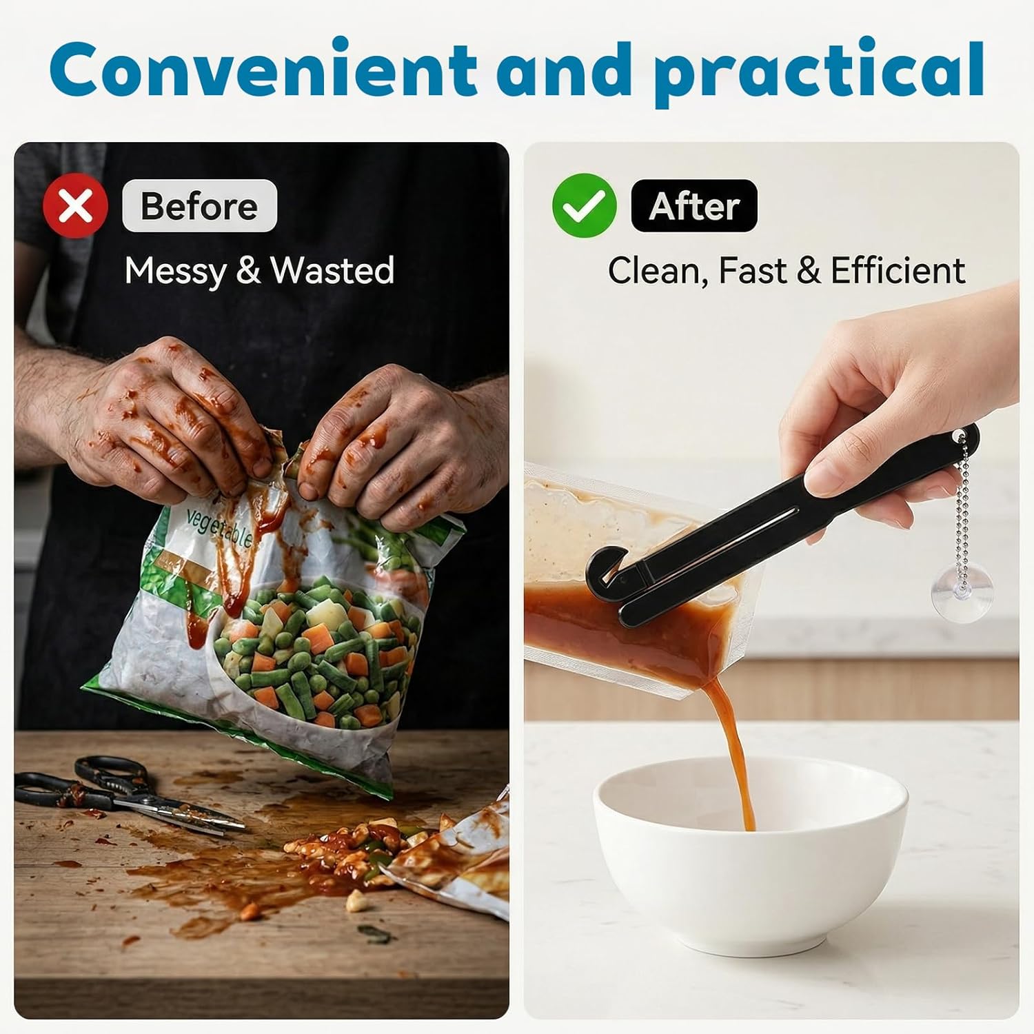 9 Pcs Food Bag Opener Cutter with Stainless Steel Blade, Plastic Food Pouch Squeezer with Easy Hanging Chain & Suction Cup for Bag Opening Home Restaurant Kitchen Tool (Black, White, Red)