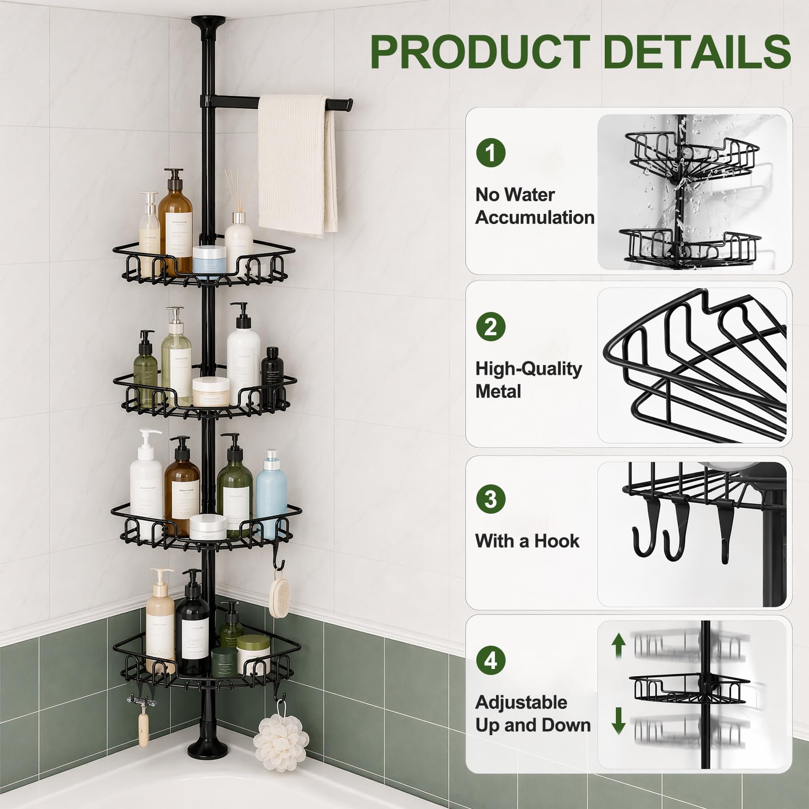 Esquinero Baño Ducha, Estantería Ducha Telescópica | Acero Inoxidable, sin Taladro, Altura Ajustable 83-313 cm, para Esquina Ducha/Bañera, Organizador de Gel Champú Toallas