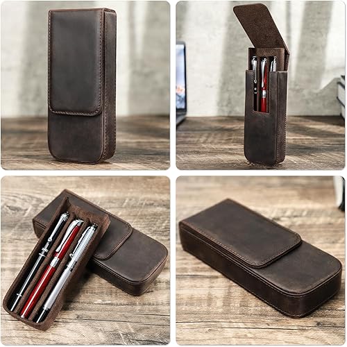 Vista 107 de Top Grain - Estuche organizador de cuero genuino para 12 bolígrafos y lápices, diseño minimalista sólido, hecho a mano, cierre magnético con cajón
