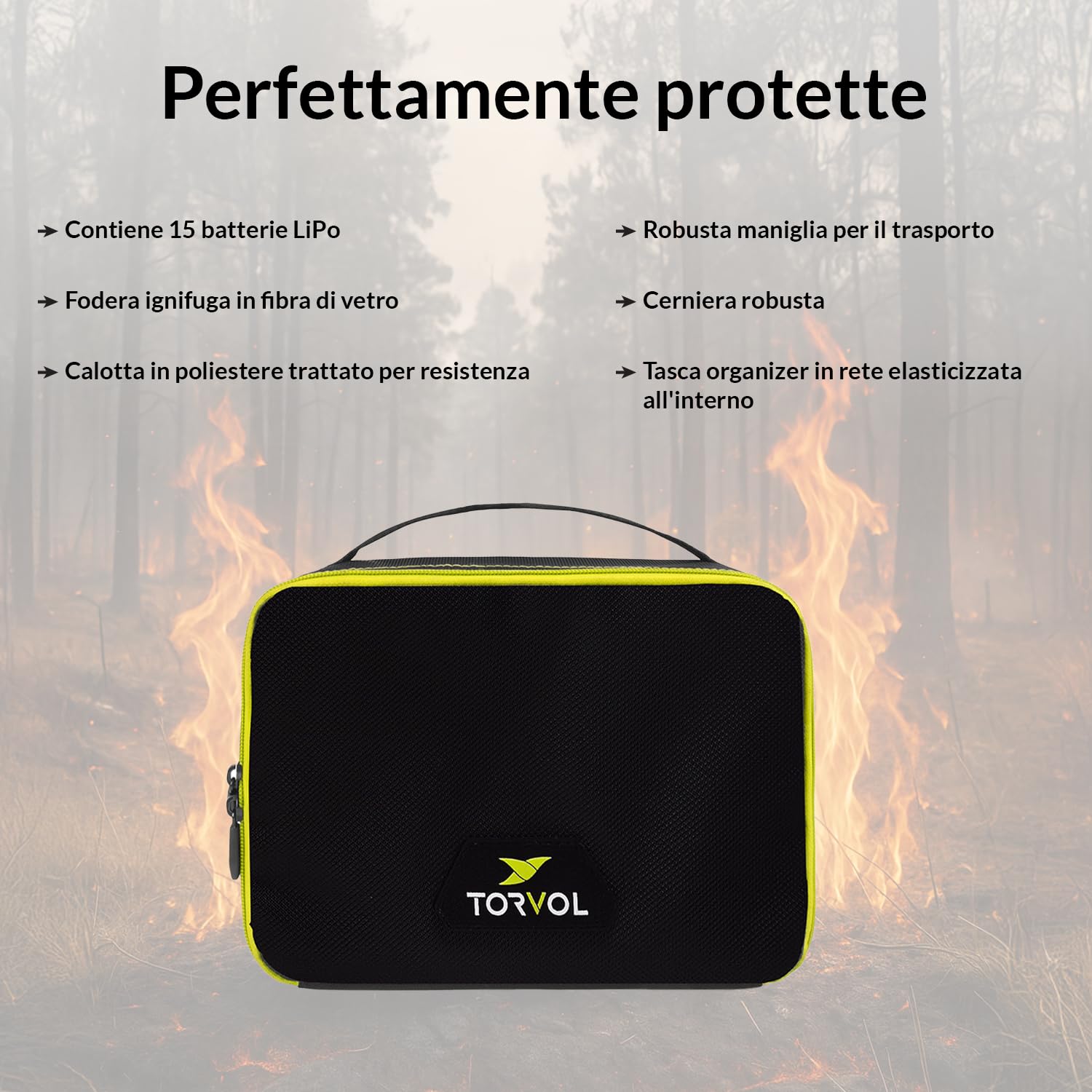 TORVOL - LIPO SAFE BAG, Lipo bag ignifuga e impermeabile per batterie, fino a 15 LiPo, compatibile zaini PITSTOP, 26x20x11 cm, Nero & Verde