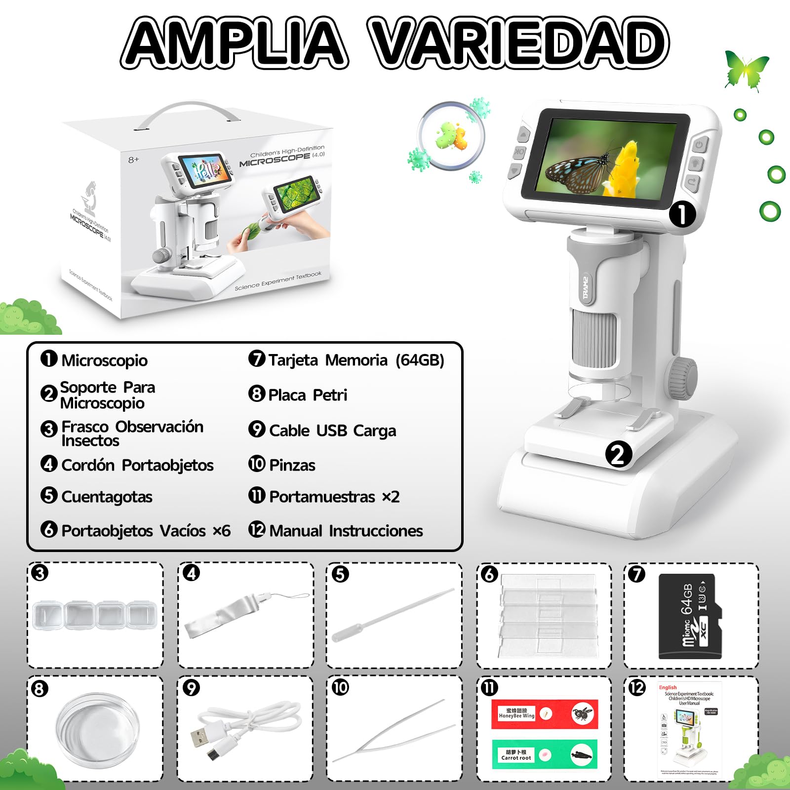 Charmofun Microscopio para Niños, Microscopio Portátil Niños con Tarjeta de Memoria de 64G, Microscopios Digital Infantil con Pantalla LCD de 4", Aumento 1600X, Fotos y Videos, Función Portátil y Fija