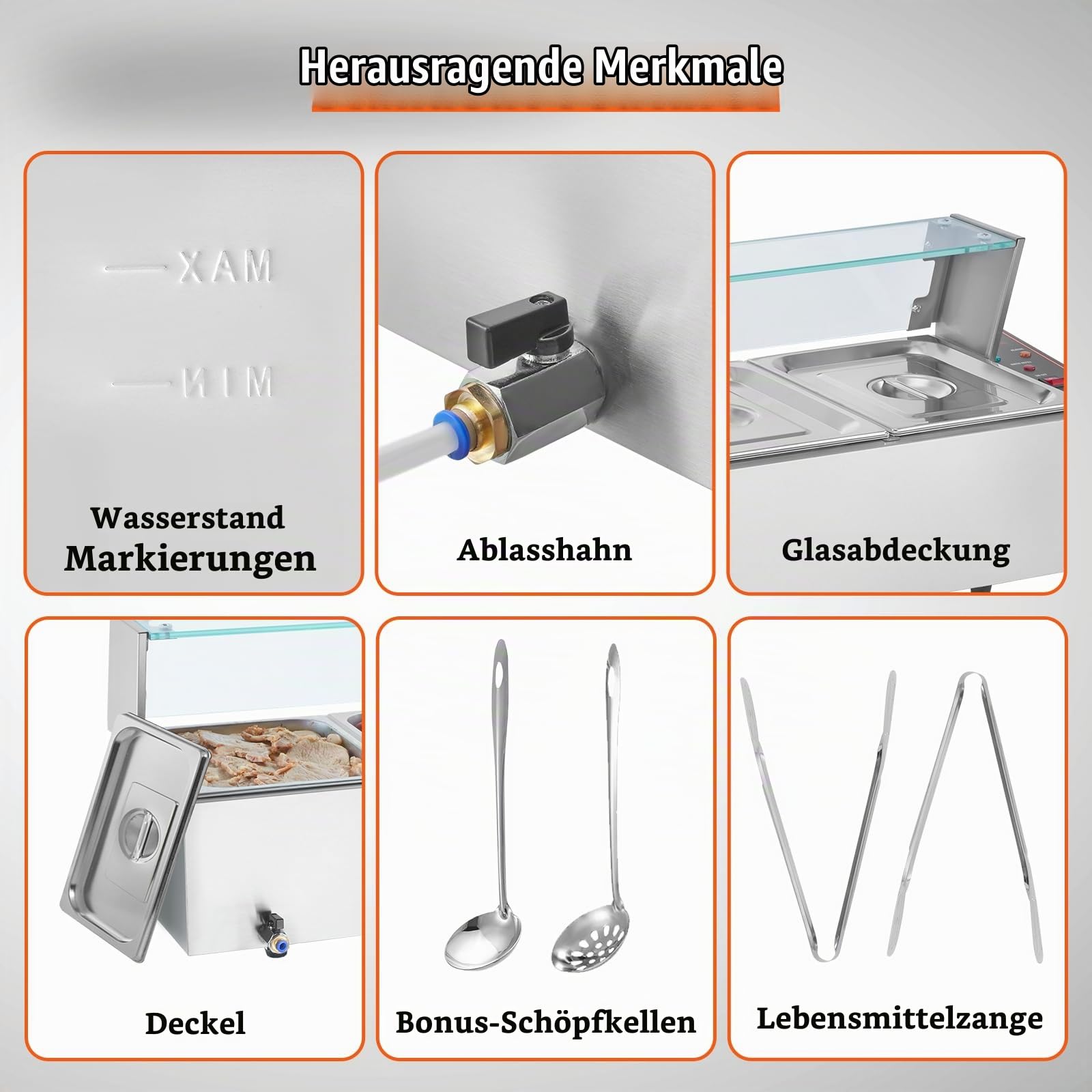 VEVOR Kommerzieller Speisenwärmer mit 5 x 8 Qt Behältern, elektrischer Dampftisch mit Glasabdeckung, 1700 W Arbeitsplatte aus Edelstahl, Buffet-Bain-Marie, 30–85 °C Temperaturregelung für Gastronomie