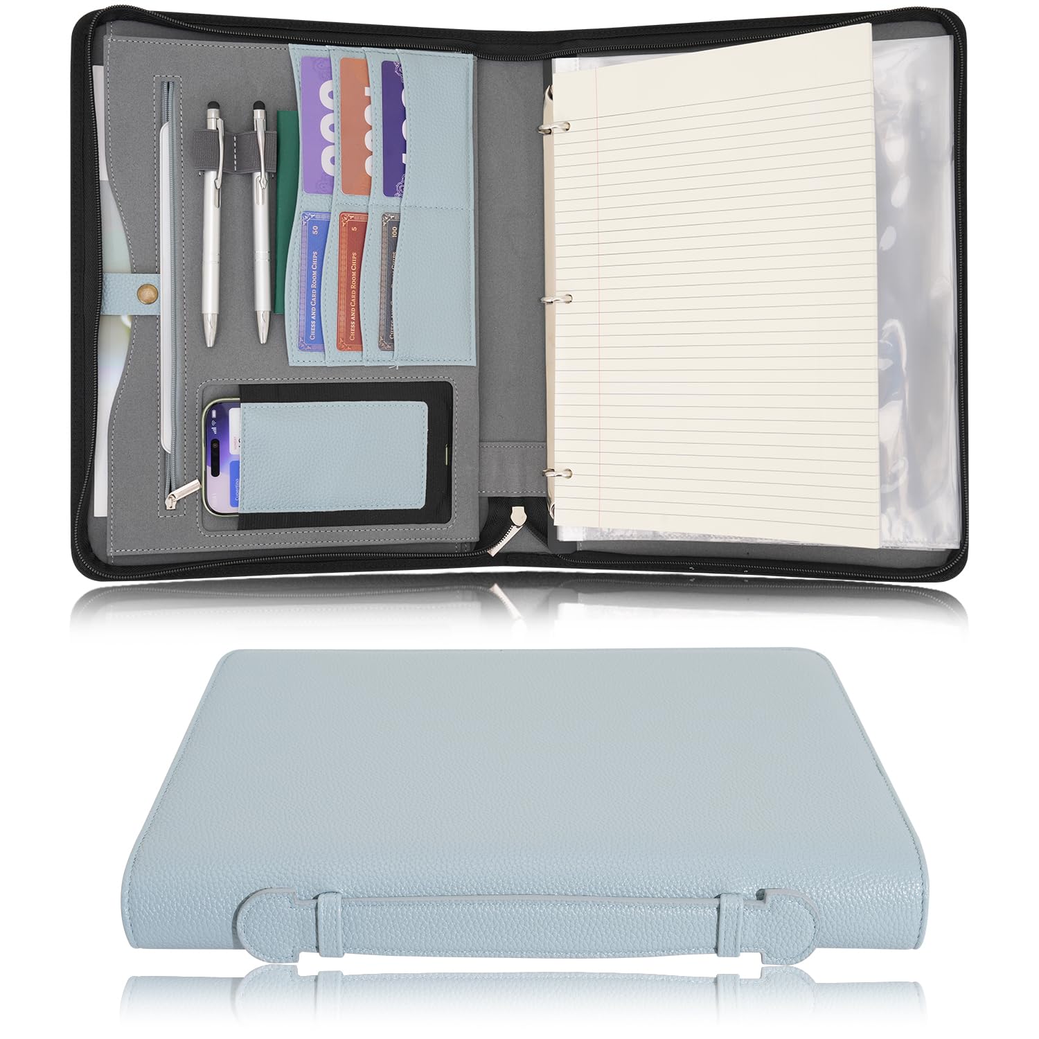 Wonderpool Travel Zippered Portfolio 3 Ring Binder A4 Padfolio Document Case with Removable Clipboard Legal Pad Holder, Business Office School Organizer for Men and Women (Misty Blue)