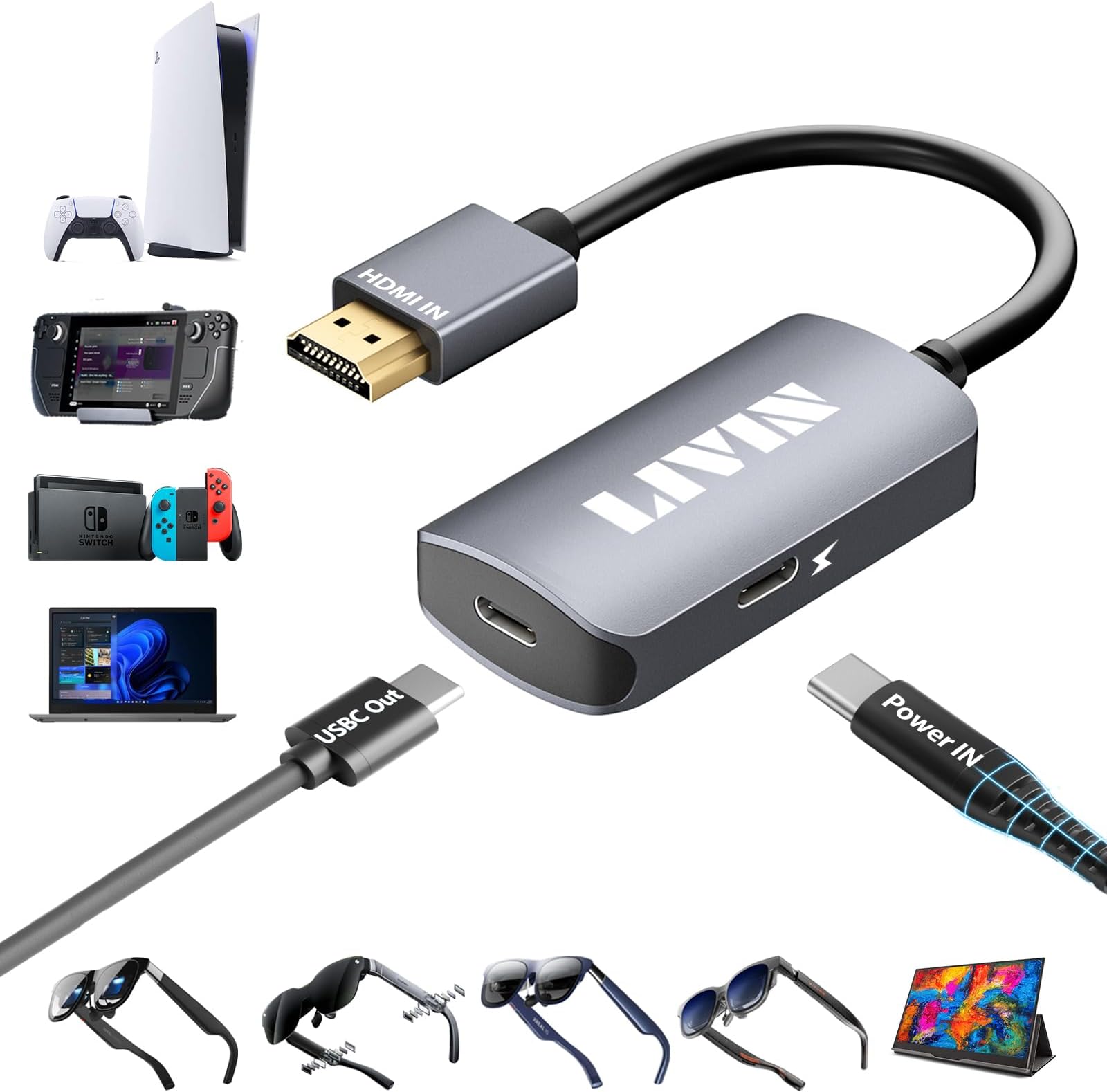 HDMI to USB-C Adapter, 4K@60Hz + Charging Port, Plug & Play, Aluminum Case, HDMI to Type-C Adapter, Xreal, Rokid Air/Max, VITURE One, RayNeo, Portable Monitor, Laptops, Switch, ROG Ally, Steam