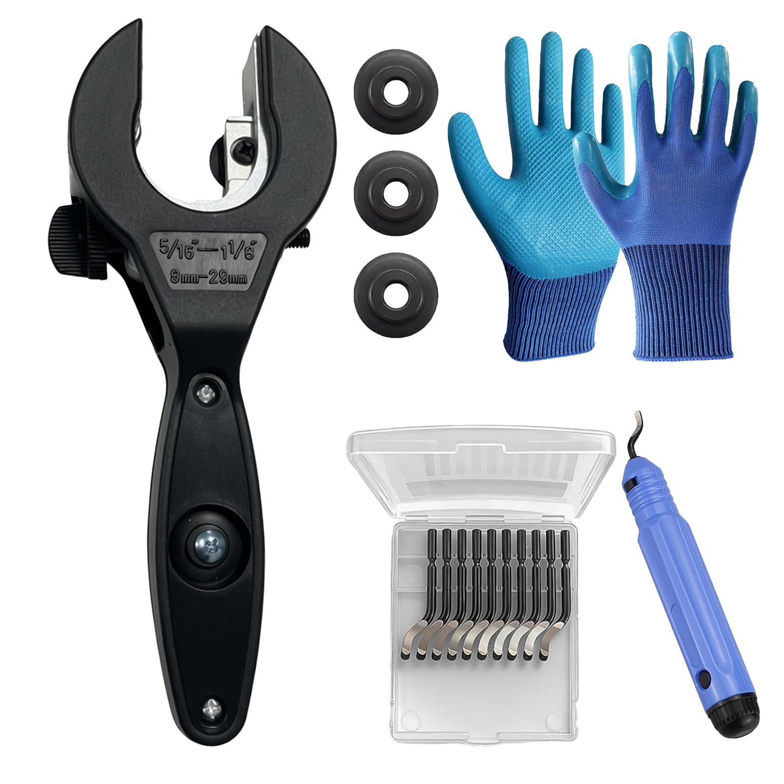Set tagliatubi a cricchetto 8-29 mm per acciaio inossidabile plastica alluminio con guanti e 3 rotelle di ricambio