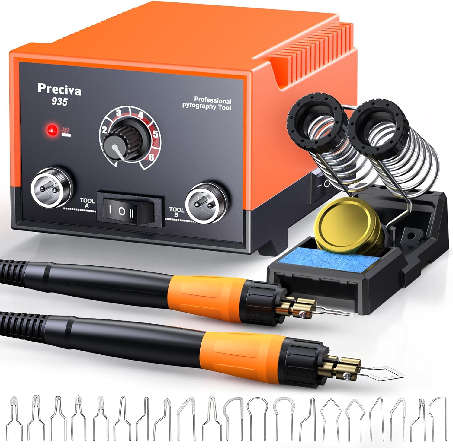 Preciva 935 Dual Handle Wood Burning Kit - Professional Pyrography Tool with 20 Wire Nibs & Pen Holder | Adjustable Temp 482~1382℉ | for Wood Burning, Leather Craft, Art Designs