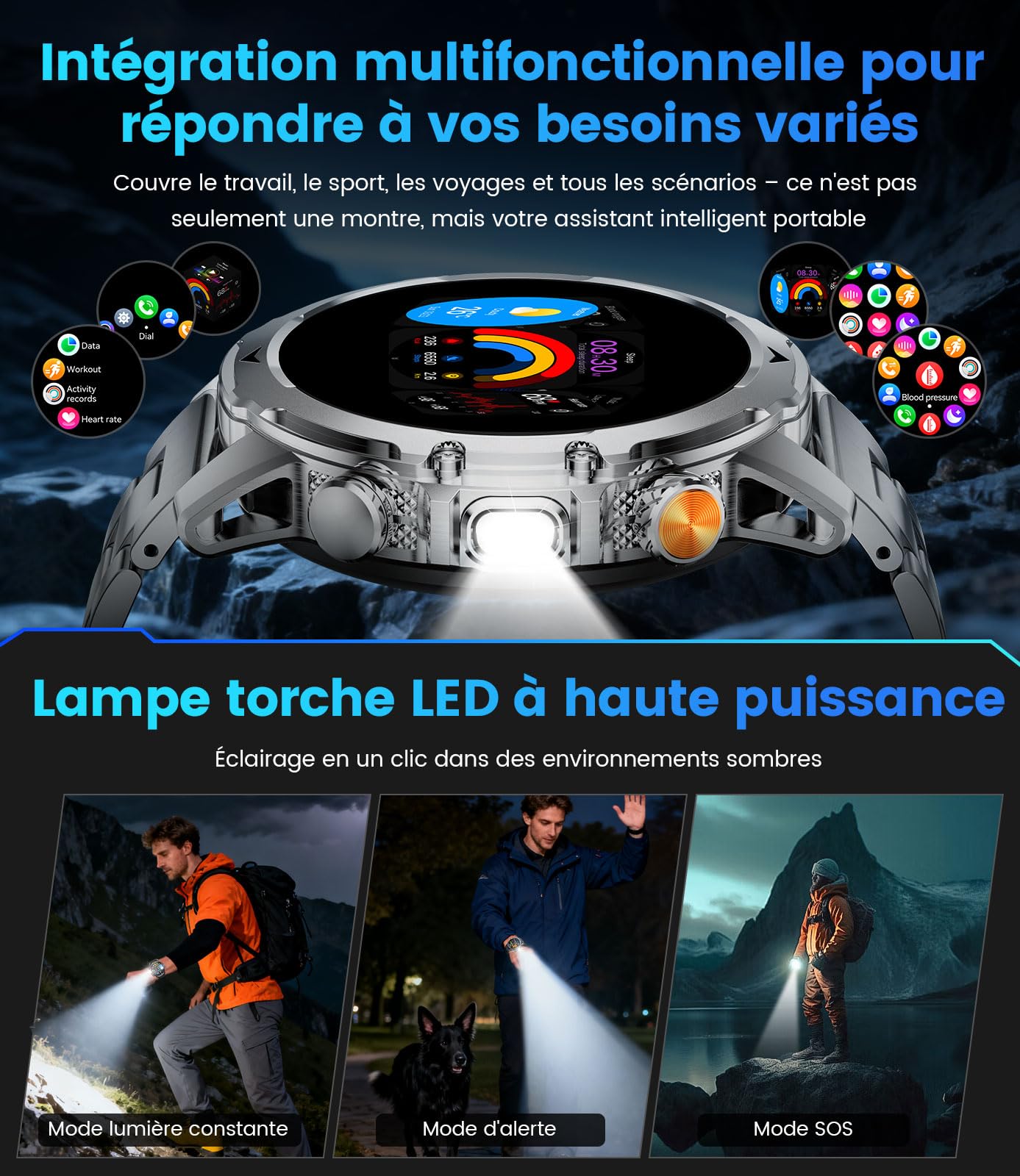 Montre Connectée Homme avec 1000mAh/3 Bracelets/1,53'' HD Grand Écran/LED Lampe,Smartwatch Homme avec Moniteur de Fréquence Cardiaque et Sommeil/110+ Modes Sportifs, Android iOS, Argenté