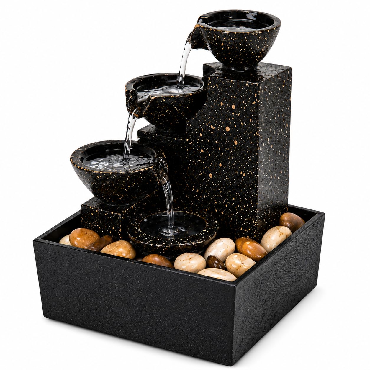 Modern 3-Tier Tabletop Water Fountain with Warm LED Light & Natural Pebbles | Indoor Mini Cascade Waterfall Fountain for Home Decor, Office Desk, Living Room, Meditation & Relaxation-image-7