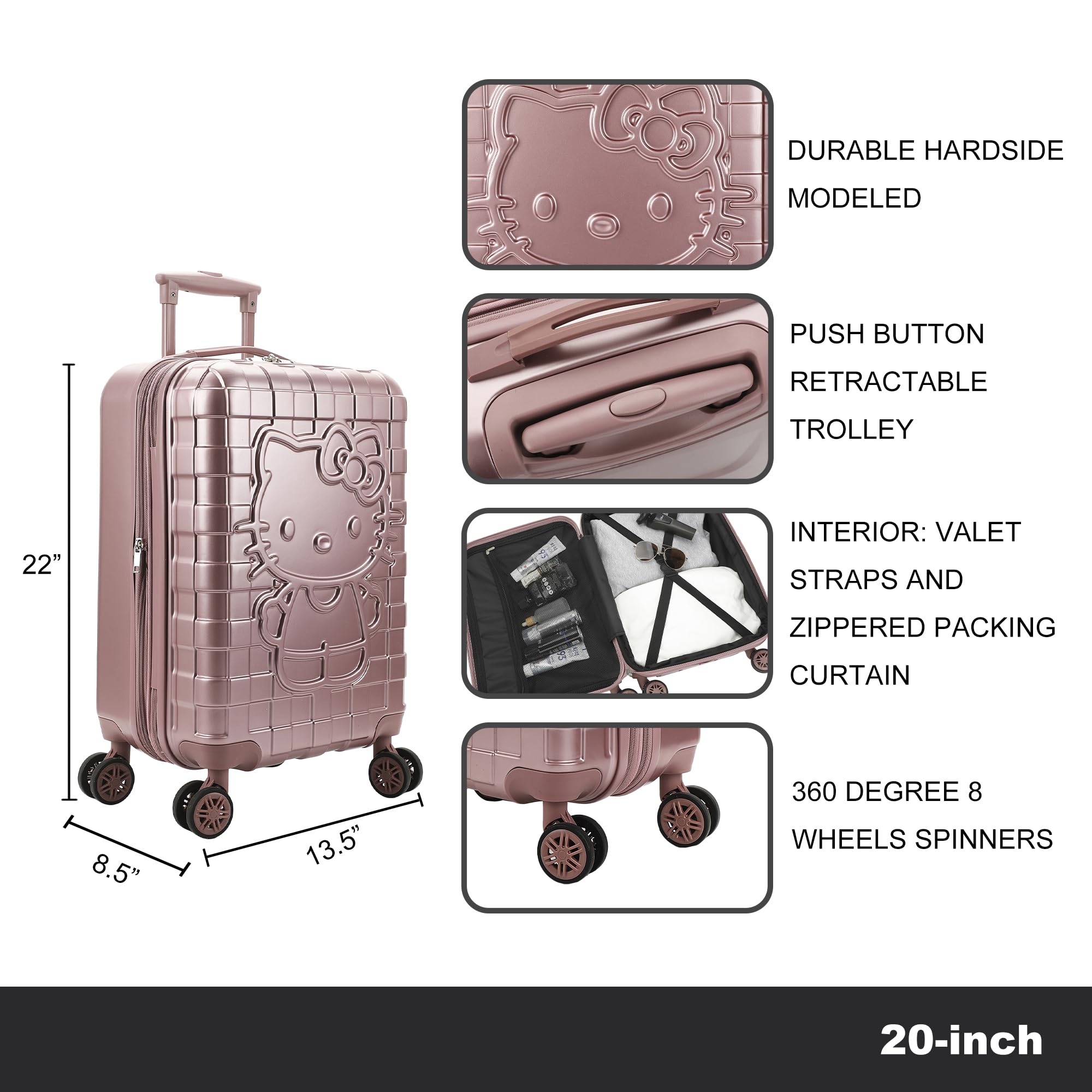 Bioworld Hello Kitty Character Print Pink Plaid 20" Adult Hardside Carry-on Rolling Luggage