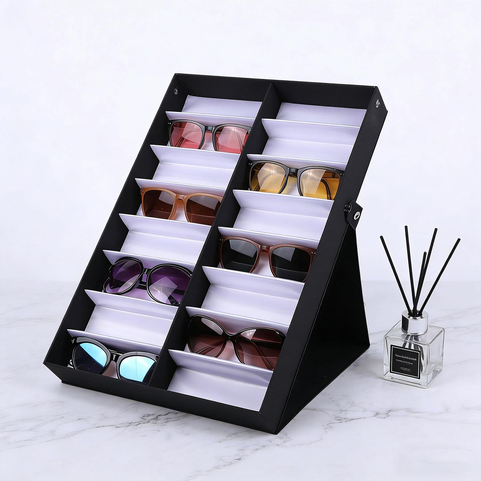 Boîte de Présentation pour Lunettes, Support à Lunettes, Plateau à Lunettes En Tissu et Polypropylène pour Un Rangement Empilable Au Bureau et En, Couvercle noir