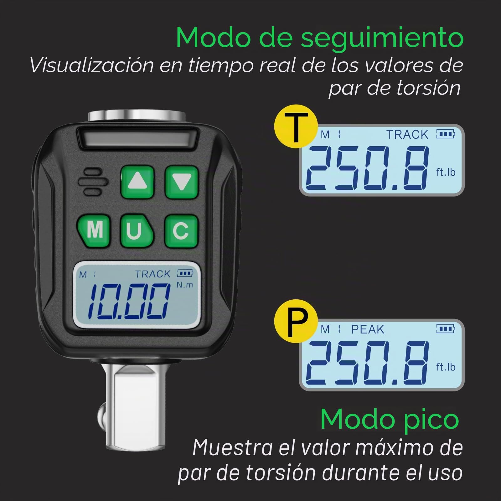 Llave Dinamometrica Digital, 1/2 1/4 3/8 Adaptadores de Alta Precisión 6 Unidades de Torsión Pantalla Retroiluminada (17-340NM)