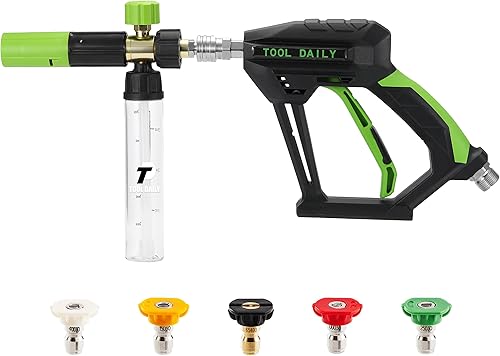 Tool Daily Pistola de lavado a presión corta con mini cañón de espuma, 5 boquillas de pulverización para lavadora eléctrica, conexión rápida de 1/4