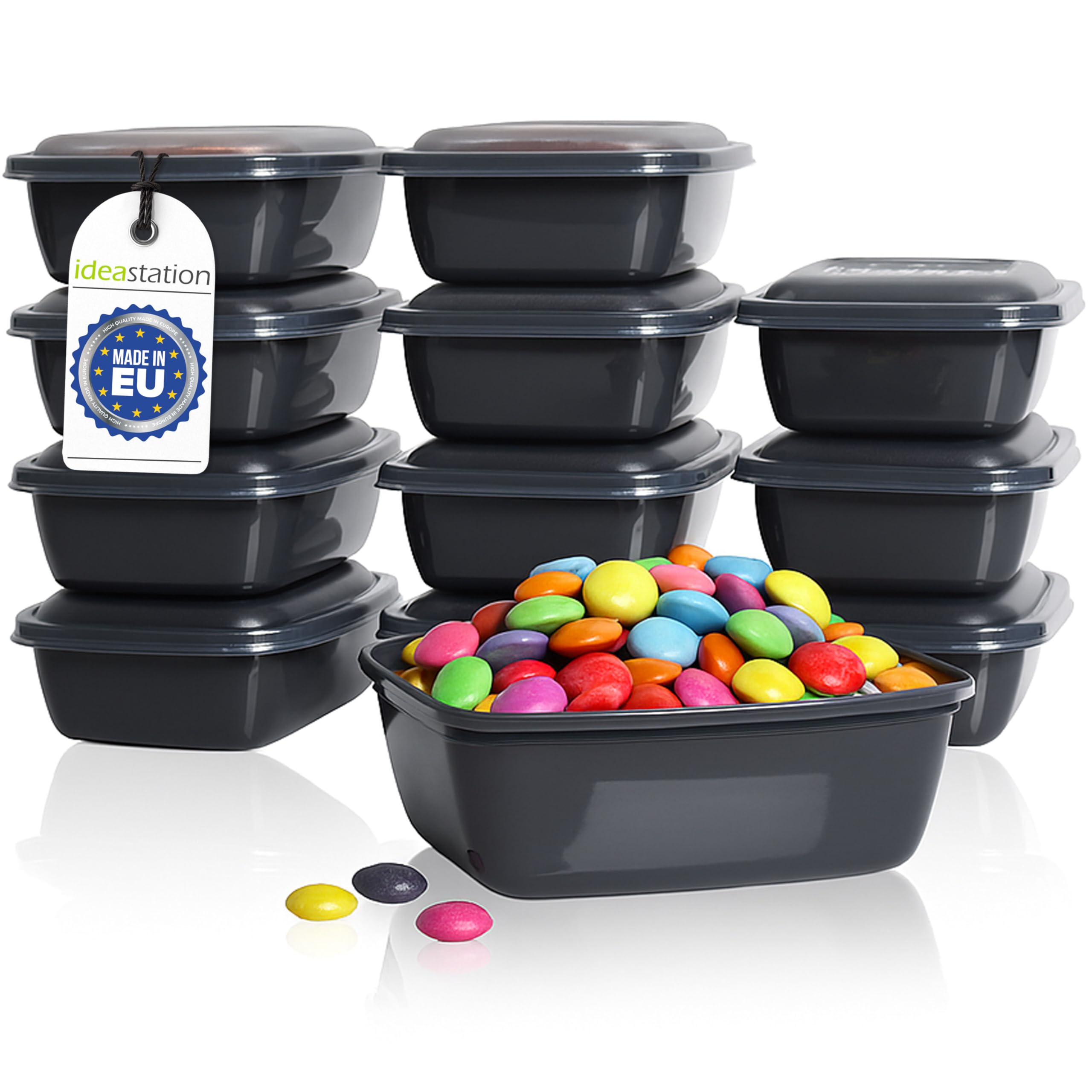 idea-station small freezer container set - 12x 320 ml - anthracite - BPA-free food storage containers with lids - shatter-proof small containers for freezing - stackable freezer containers - snackbox