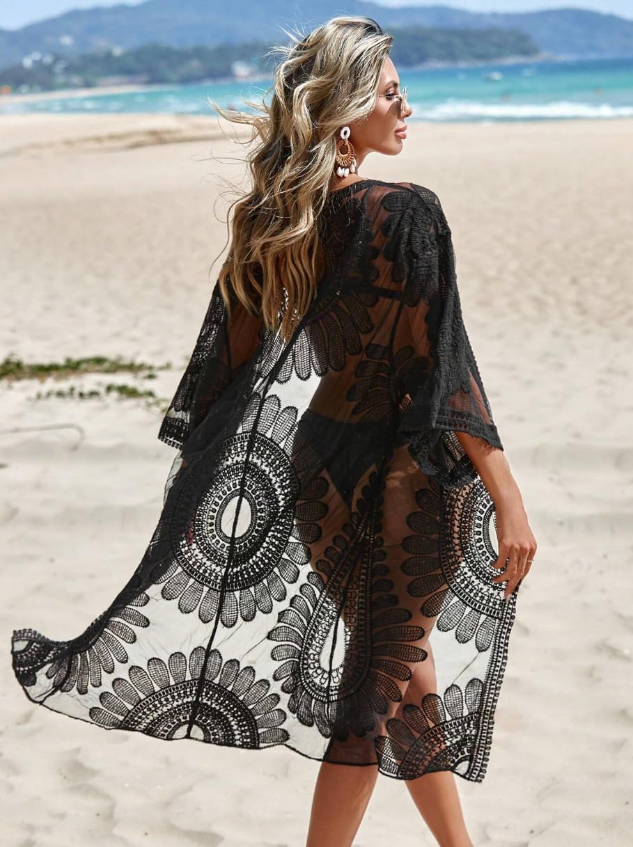Moss Rose Kimono largo de malla con manga 3/4 para traje de baño para mujer, con encaje floral