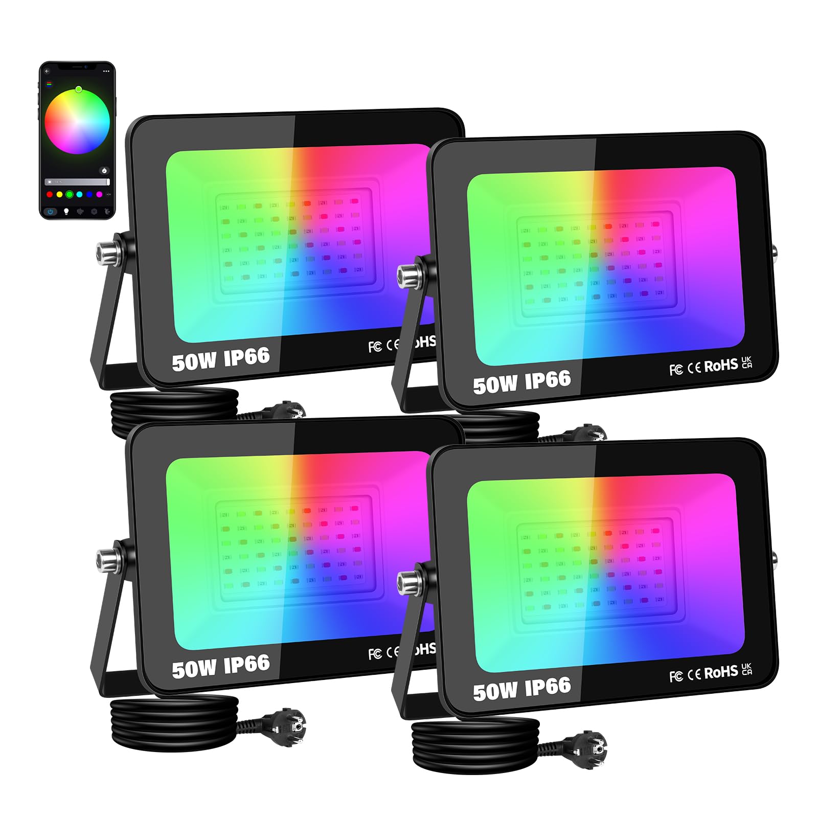 SKYWORLD 4 piezas Proyector RGB 50W,Focos Led RGB con APP Bluetooth y Temporizador,16 Millones de Colores,IP66 Impermeable Foco RGB Exterior para Patio Camino Jardín Almacén Terraza Garaje