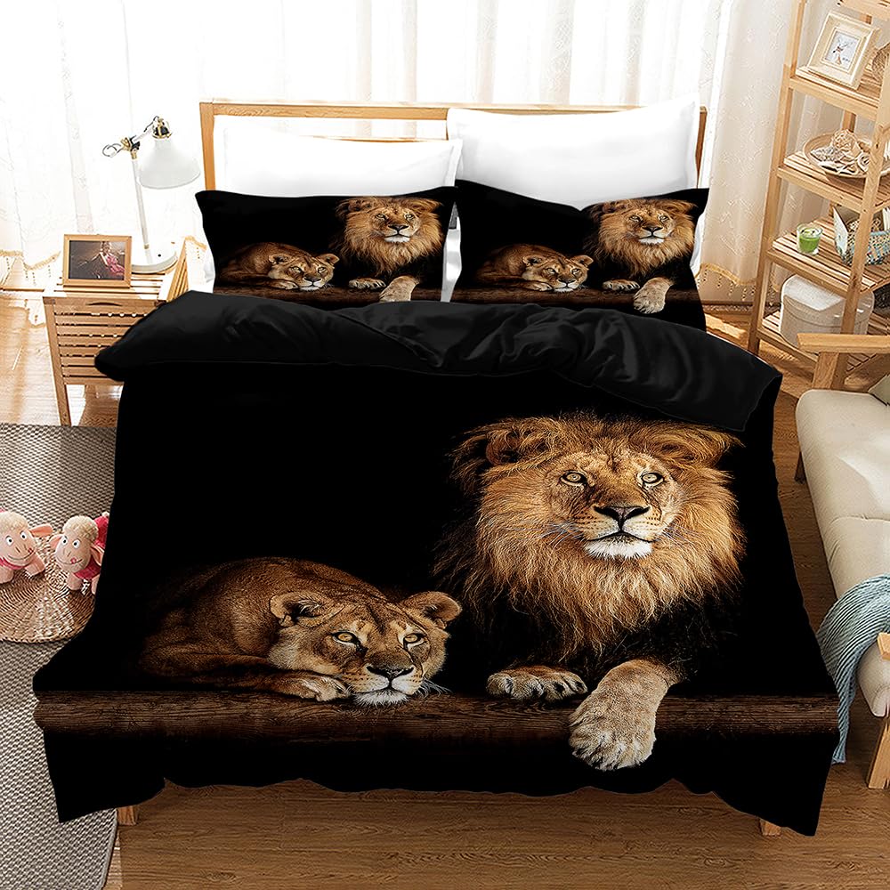 Biancheria da letto 3D, motivo leone, 135 x 200 cm, colore nero, con chiusura lampo nascosta, in microfibra, reversibile, moderna, copripiumino e federa (stile 2, 135 x 200 cm)
