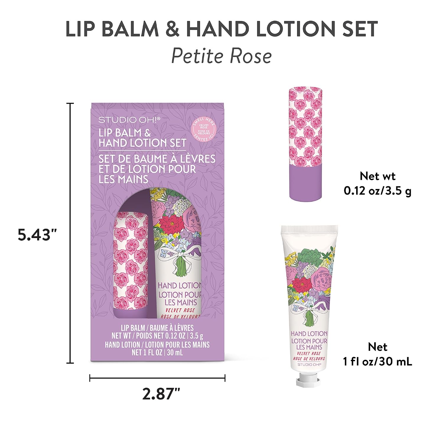 Studio Oh! Lip Balm & Hand Lotion Set, 2-Piece Travel Size Toiletries Gift Set, Unscented Lip Balm & Petite Rose Hand Cream (1 oz), Mini Lotion for Dry Skin, Lip Moisturizer, Gifts for Women