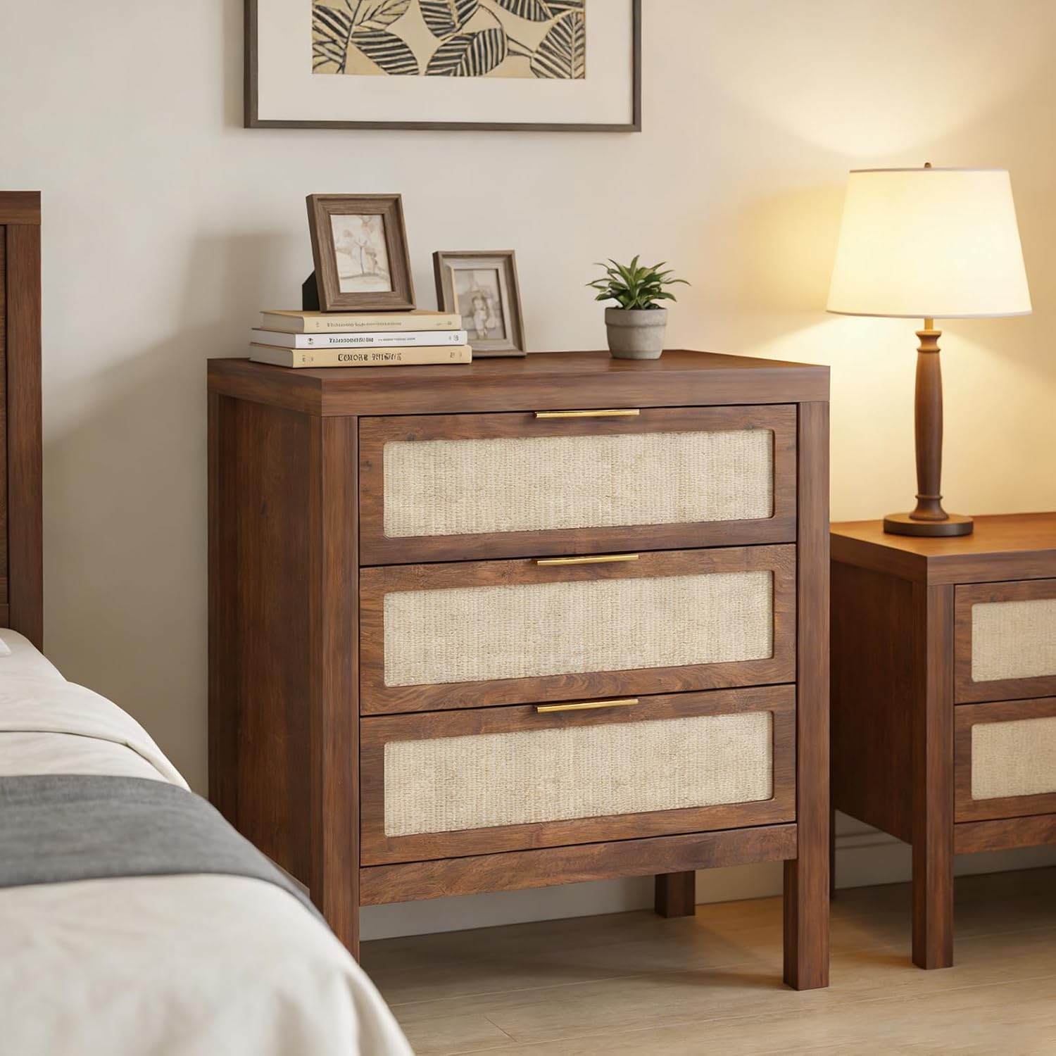 Rattan Nightstand with 3 Drawers 24" Large Boho Nightstand Modern Wooden Accent Bedside Table Multifunctional Chest of Drawers for Bedroom Hallway Entryway