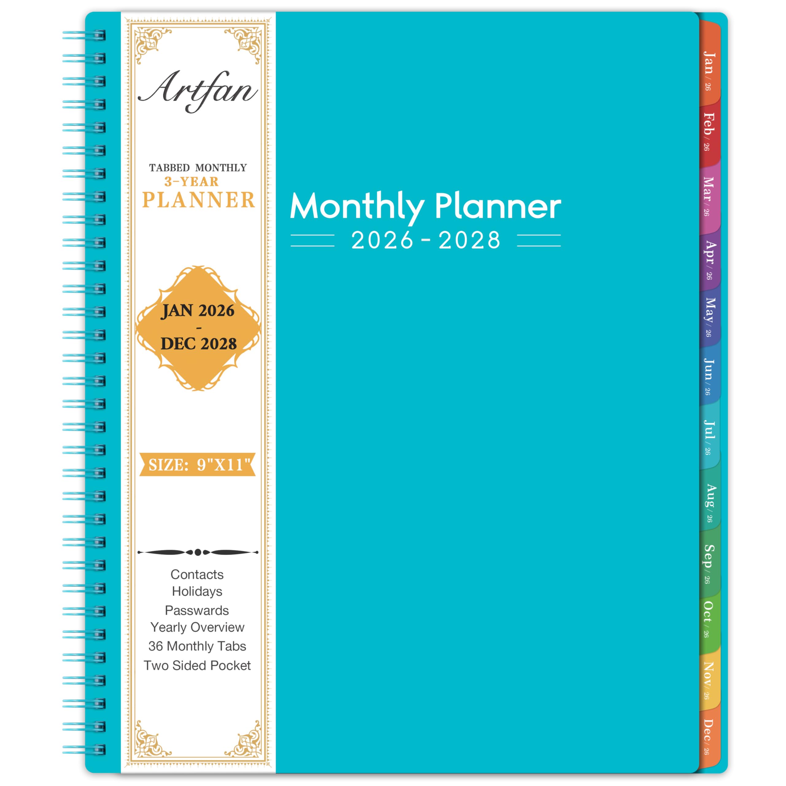 2026-2028 Monthly Planner/Calendar - 3 Year Monthly Planner 2026-2028, Jan.2026 - Dec.2028, 9" x 11", 36-Month Calendar + Colorful Tabs + Pocket - Teal