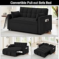 Vista 6 de Sofá cama convertible de terciopelo de 55 pulgadas, sofá futón 3 en 1 con cama extraíble, sofá biplaza moderno con respaldo ajustable, 2 almohadas