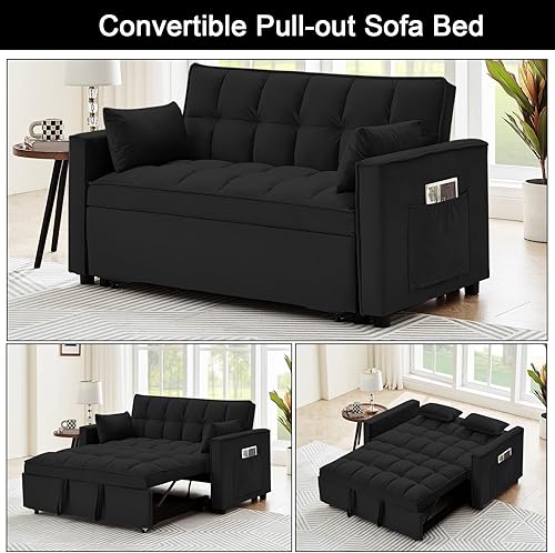Miniatura 6 de Sofá cama convertible de terciopelo de 55 pulgadas, sofá futón 3 en 1 con cama extraíble, sofá biplaza moderno con respaldo ajustable, 2 almohadas y