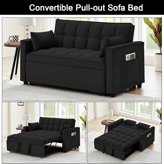 55 Inch Velvet Convertible Sleeper Sofa Bed, 3 in 1 Futon Sofa Couch with Pull-out Bed, Modern Love Seat Sleeper with Adjustable Backrest, 2 Pillows and Side Pockets for Living Room (Velvet Black)