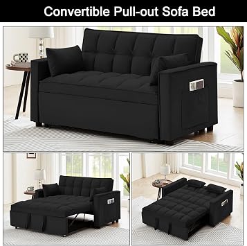 55 Inch Velvet Convertible Sleeper Sofa Bed, 3 in 1 Futon Sofa Couch with Pull-out Bed, Modern Love Seat Sleeper with Adjustable Backrest, 2 Pillows and Side Pockets for Living Room (Velvet Black)