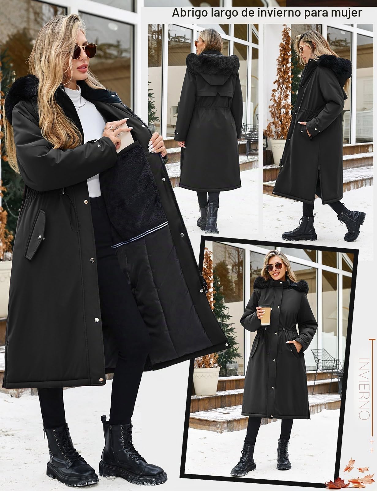 Yuson Girl Abrigos Mujer Invierno Largo Gruesa Cálido Abrigo Forro Polar Térmico Viento Chaqueta con Capucha Otoño Invierno Elegante Cazadora Casuales Parka con Cremallera y Cordón